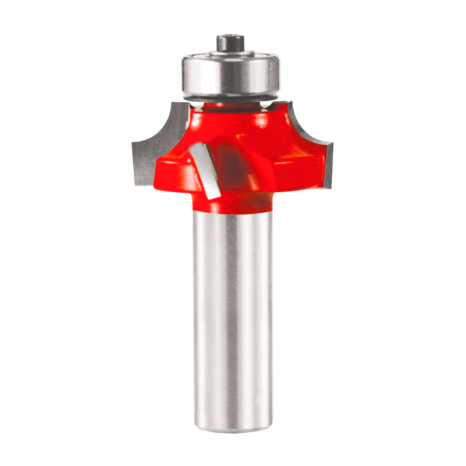 Router bit with red cutting head and silver shank, featuring curved cutting edges for beading profiles.