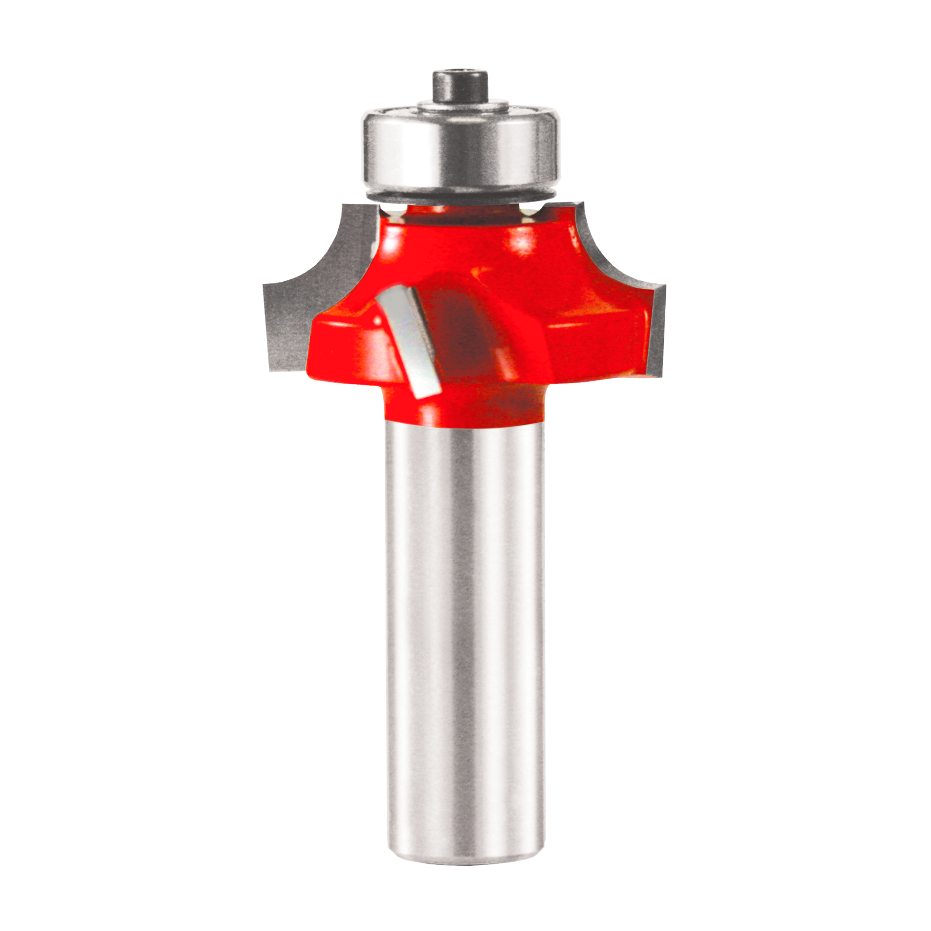 Router bit with red cutting head and silver shank, featuring curved cutting edges for beading profiles.
