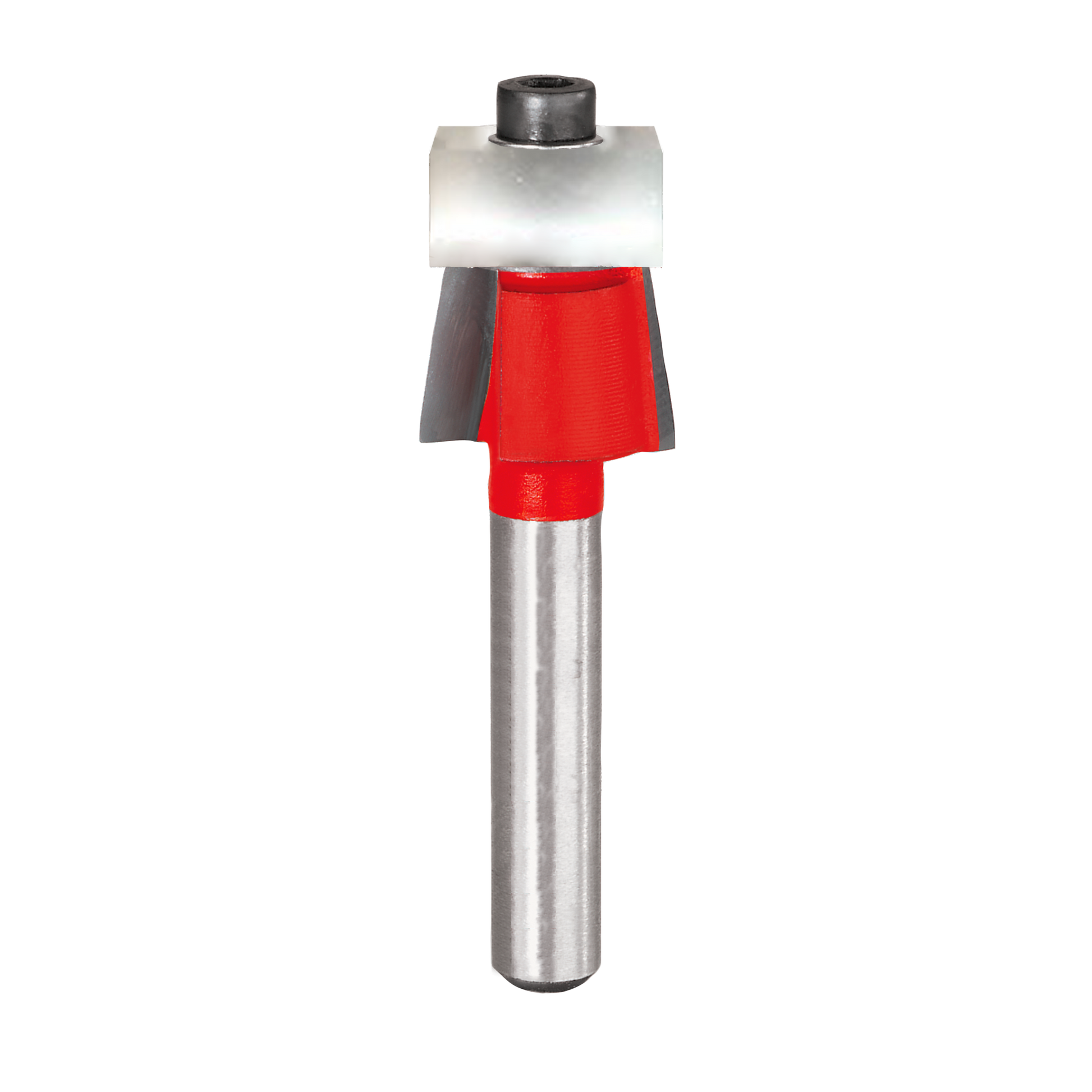 Freud 9/16" bevel trim bit with red cutting head, silver shaft, and bearing collar for router use.