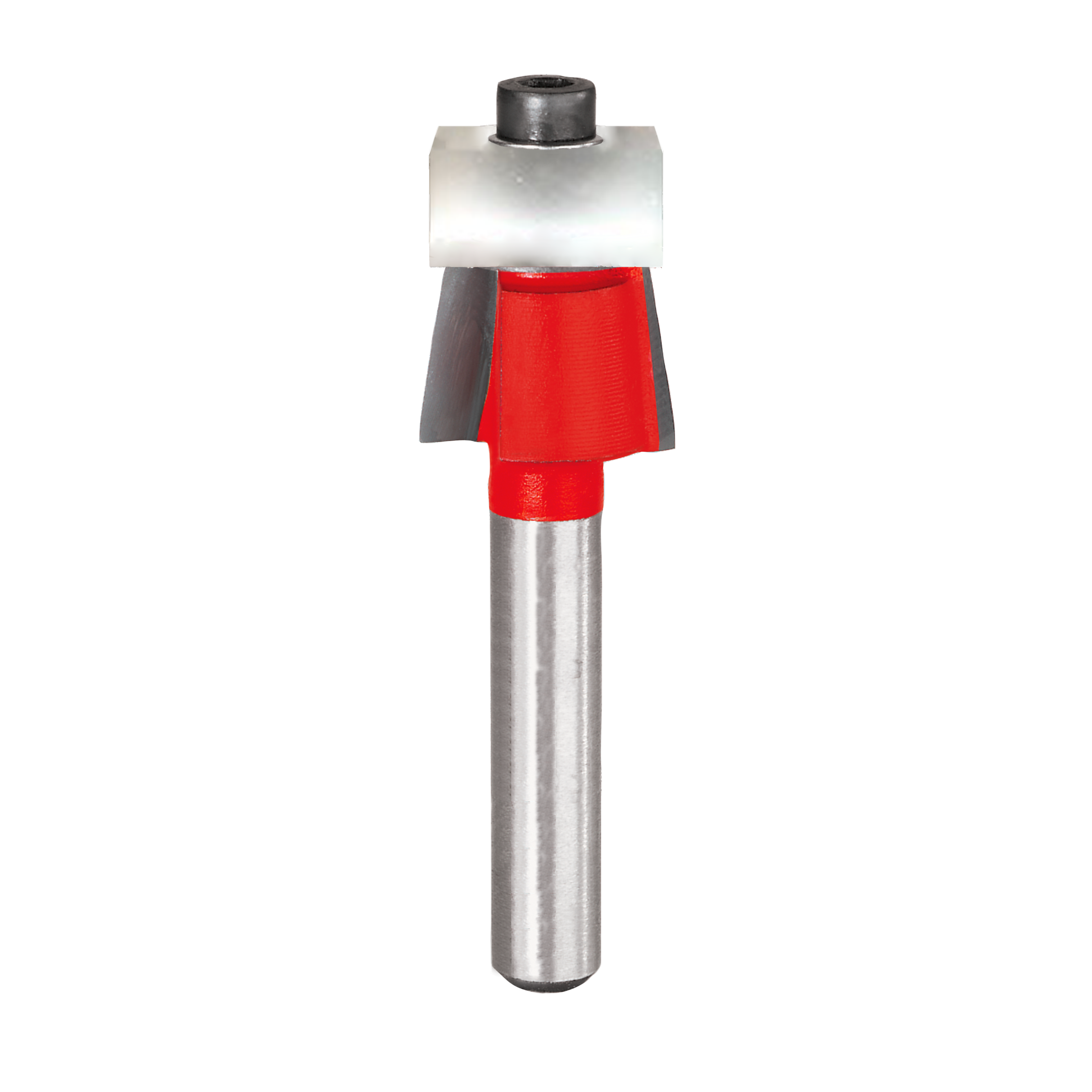 Freud 9/16" bevel trim bit with red cutting head, silver shaft, and bearing collar for router use.