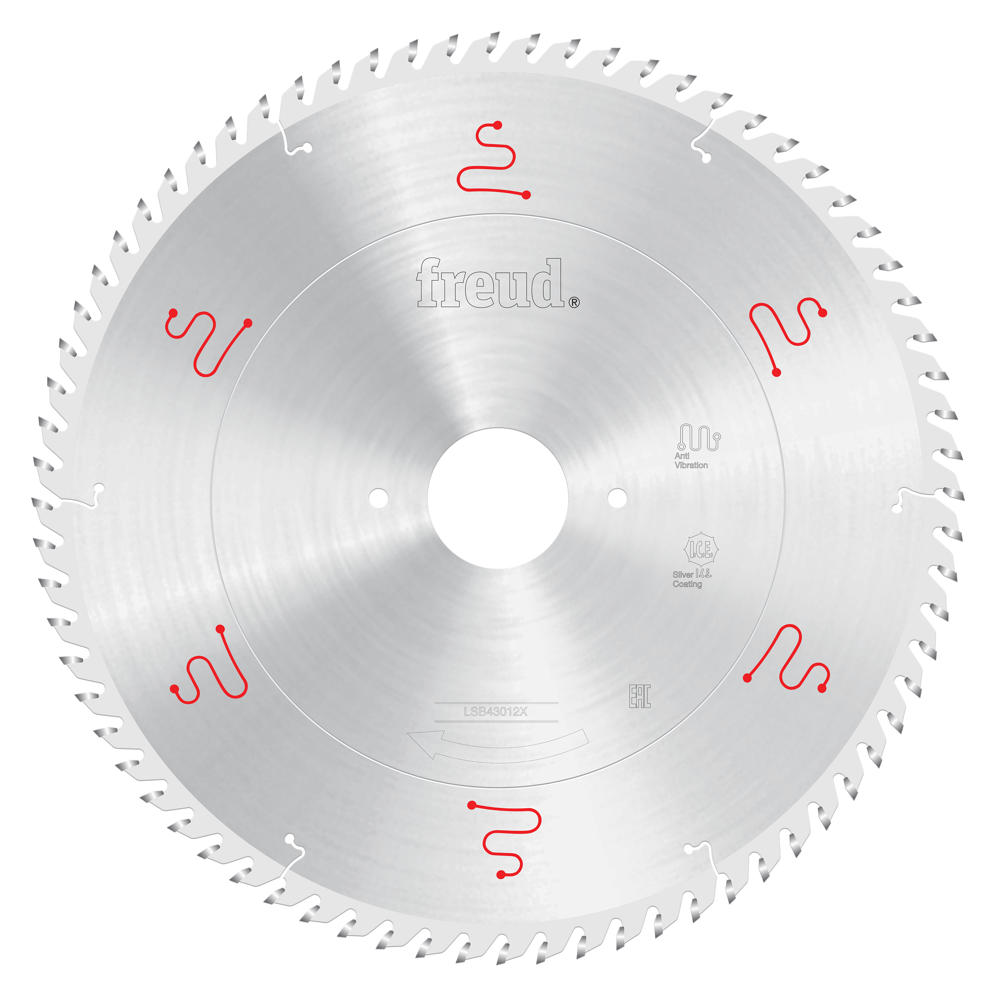 Freud 430mm circular saw blade with multiple teeth around perimeter and central arbor hole for horizontal beam saw.