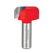 Freud router bit with red plastic cutting head and silver metal shaft, 1/4" radius dish carving design.