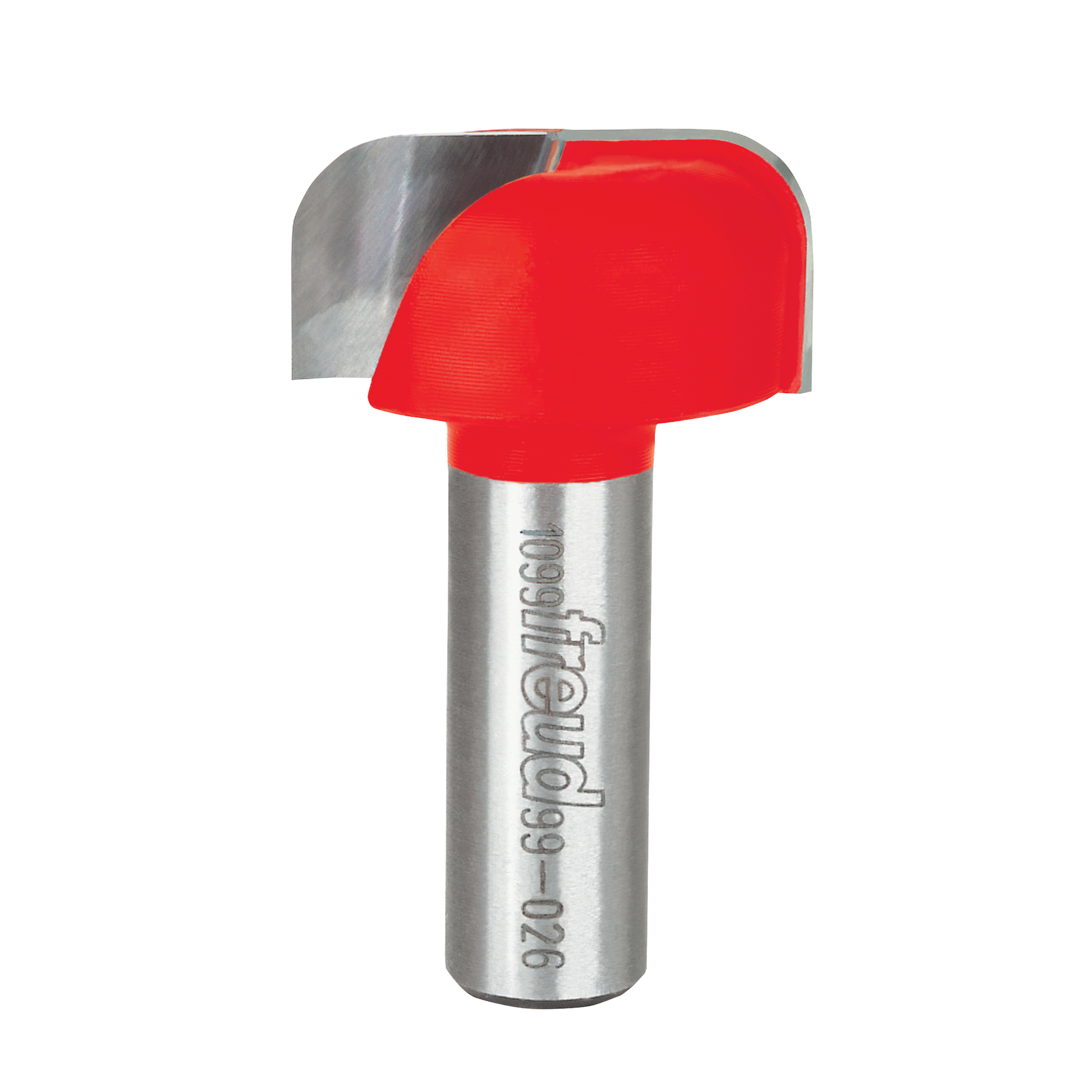 Freud router bit with red plastic cutting head and silver metal shaft, 1/4" radius dish carving design.