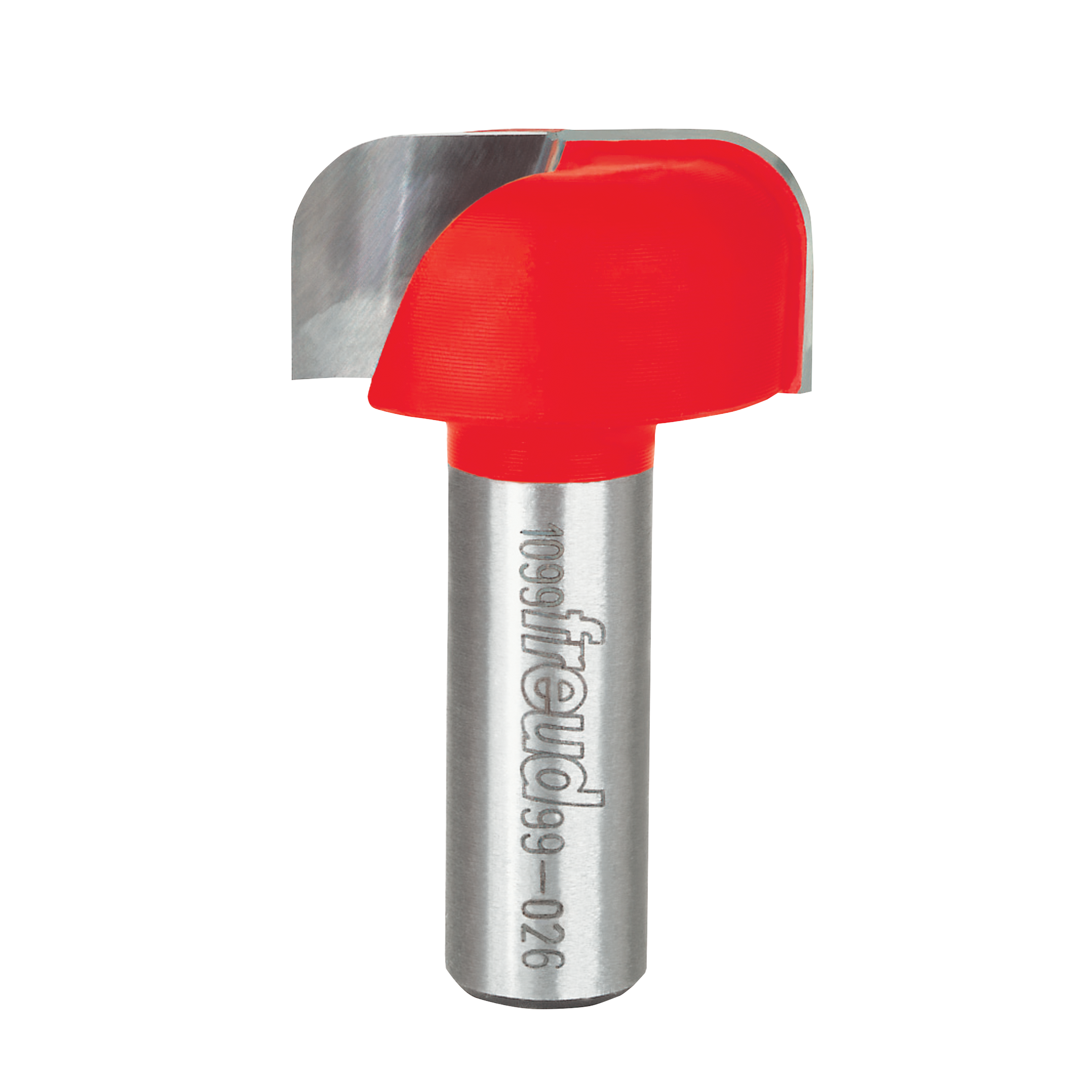 Freud router bit with red plastic cutting head and silver metal shaft, 1/4" radius dish carving design.