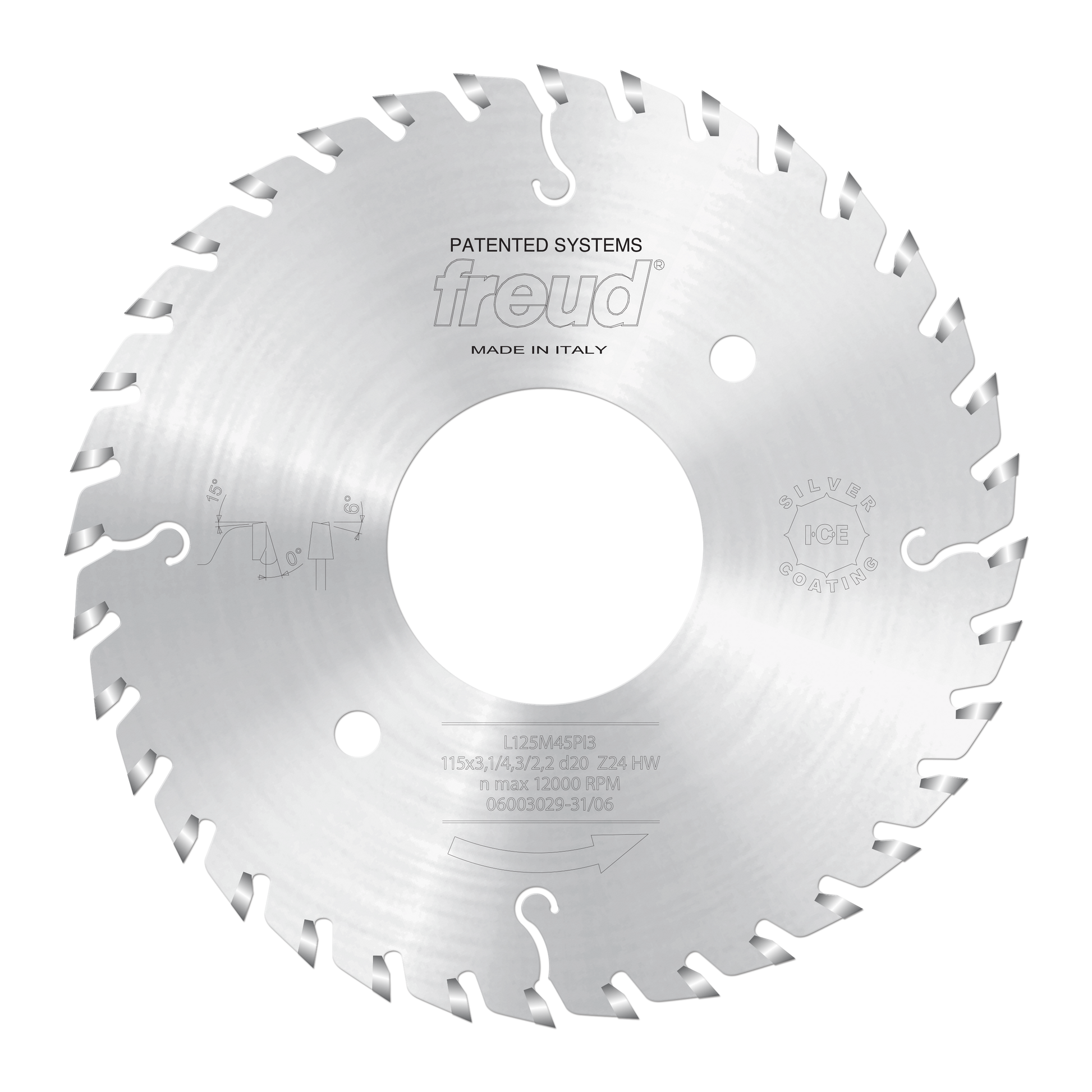 Freud 200mm conical scoring saw blade with carbide teeth and center hole, marked "Made in Italy."