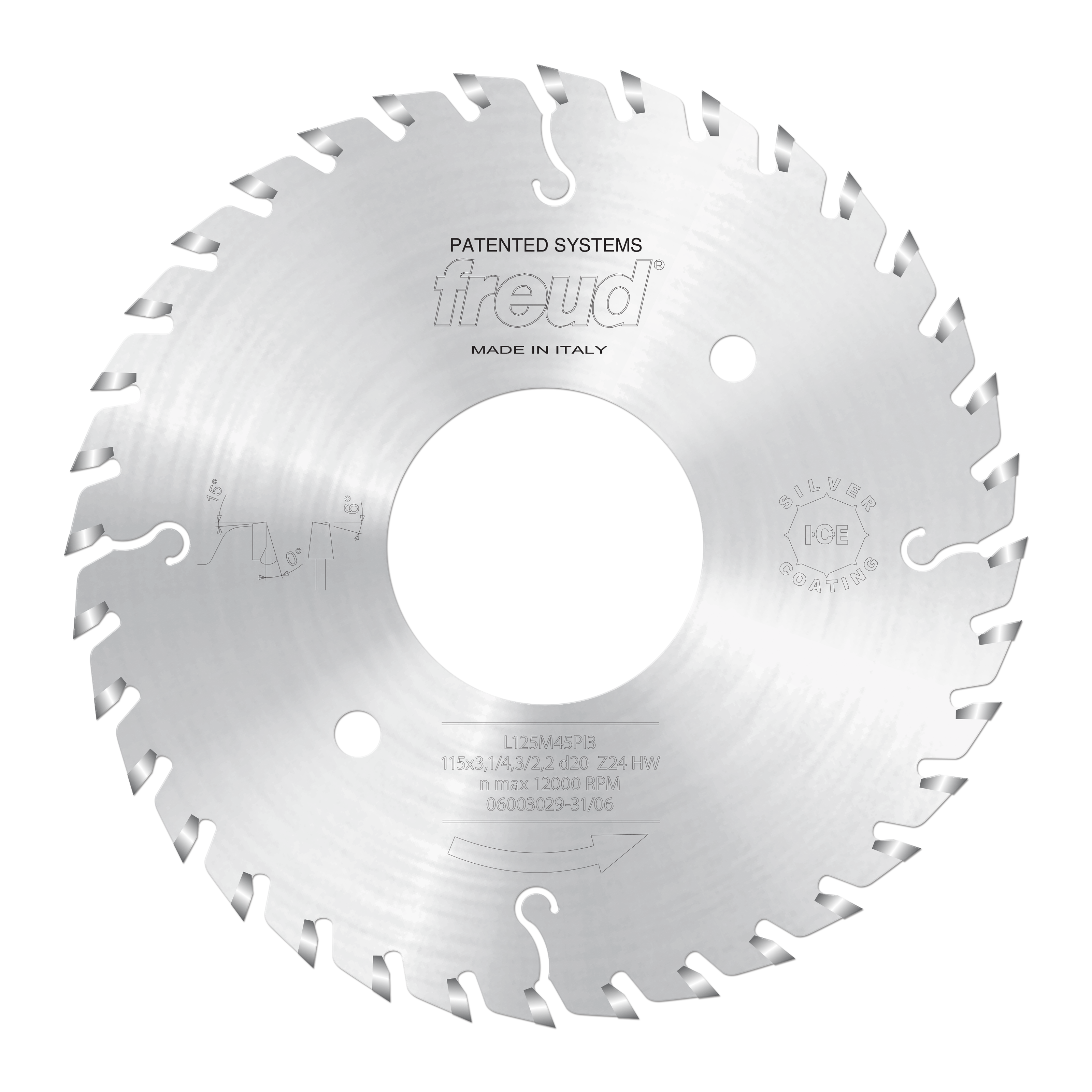 Freud 200mm conical scoring saw blade with carbide teeth and center hole, marked "Made in Italy."