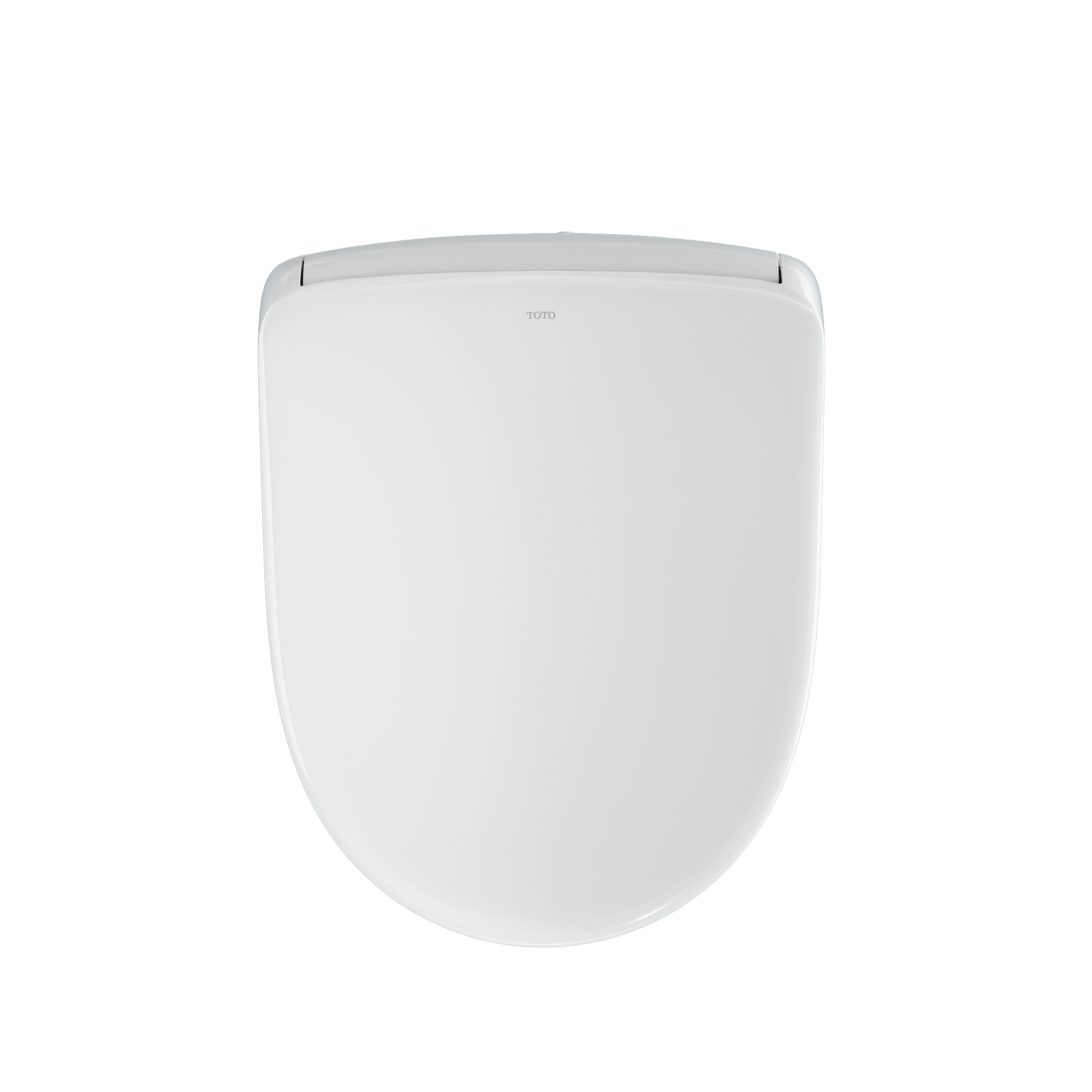 White electronic bidet toilet seat with rounded D-shape and closed lid featuring TOTO branding.