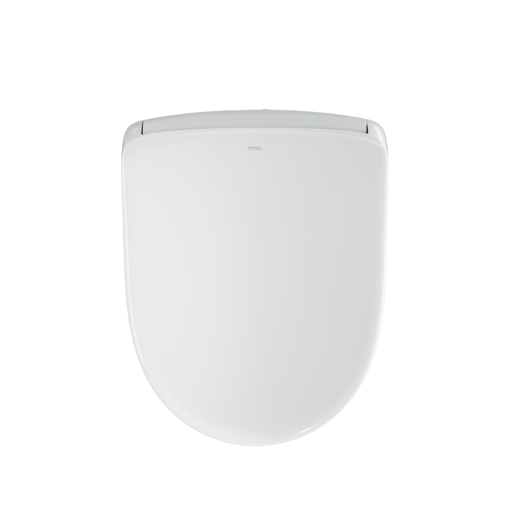 White electronic bidet toilet seat with rounded D-shape and closed lid featuring TOTO branding.
