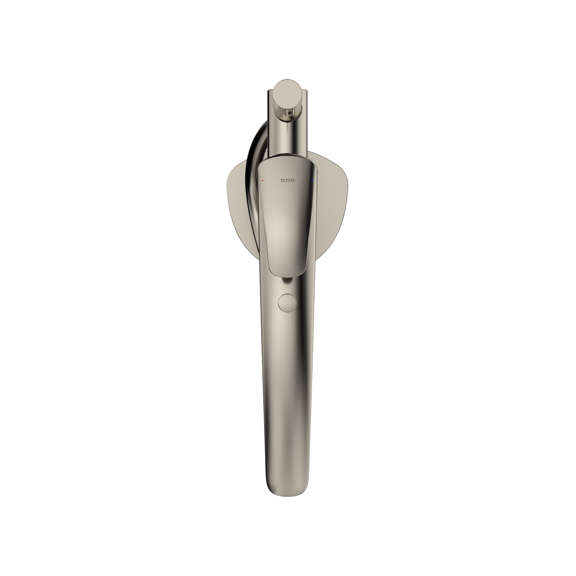 Polished nickel single-handle tub filler with attached handshower and circular mounting plate.