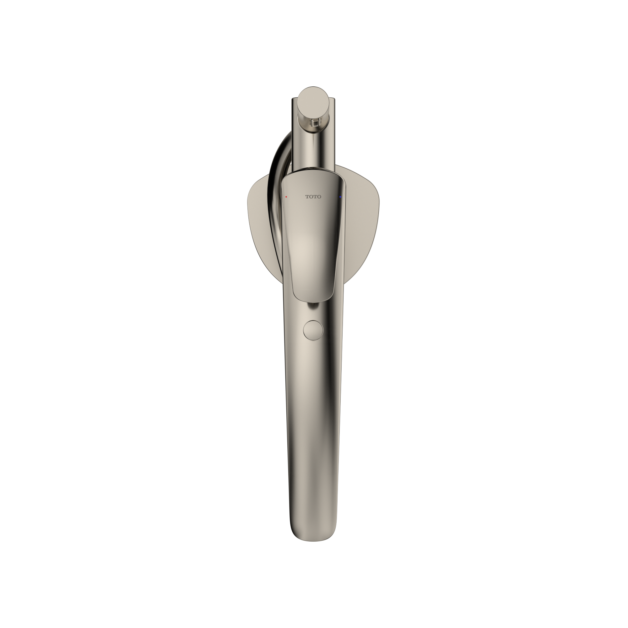 Polished nickel single-handle tub filler with attached handshower and circular mounting plate.