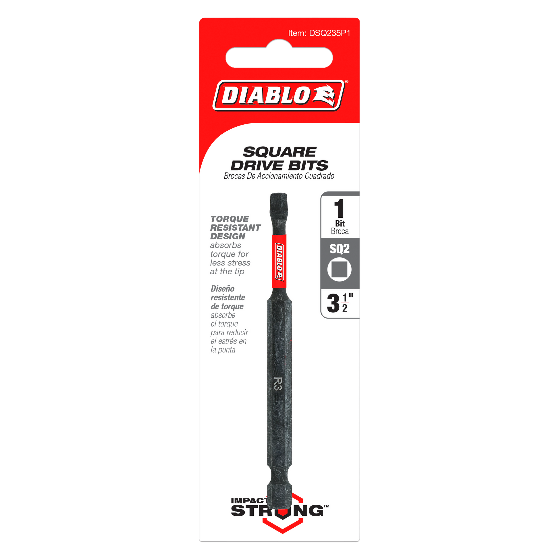 Black Diablo square drive bit with red band on packaging showing #2 square drive size and 3-1/2 inch length.