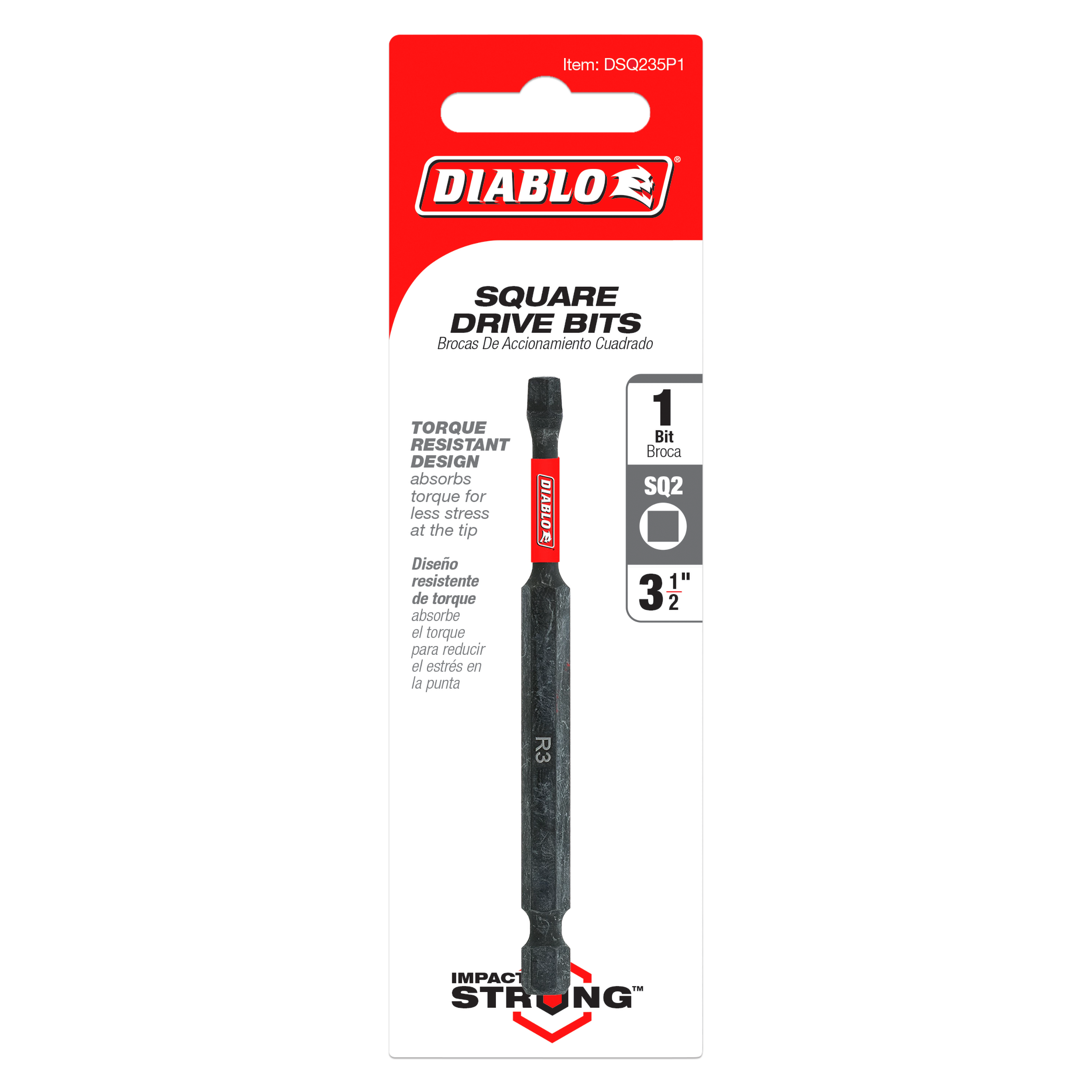 Black Diablo square drive bit with red band on packaging showing #2 square drive size and 3-1/2 inch length.