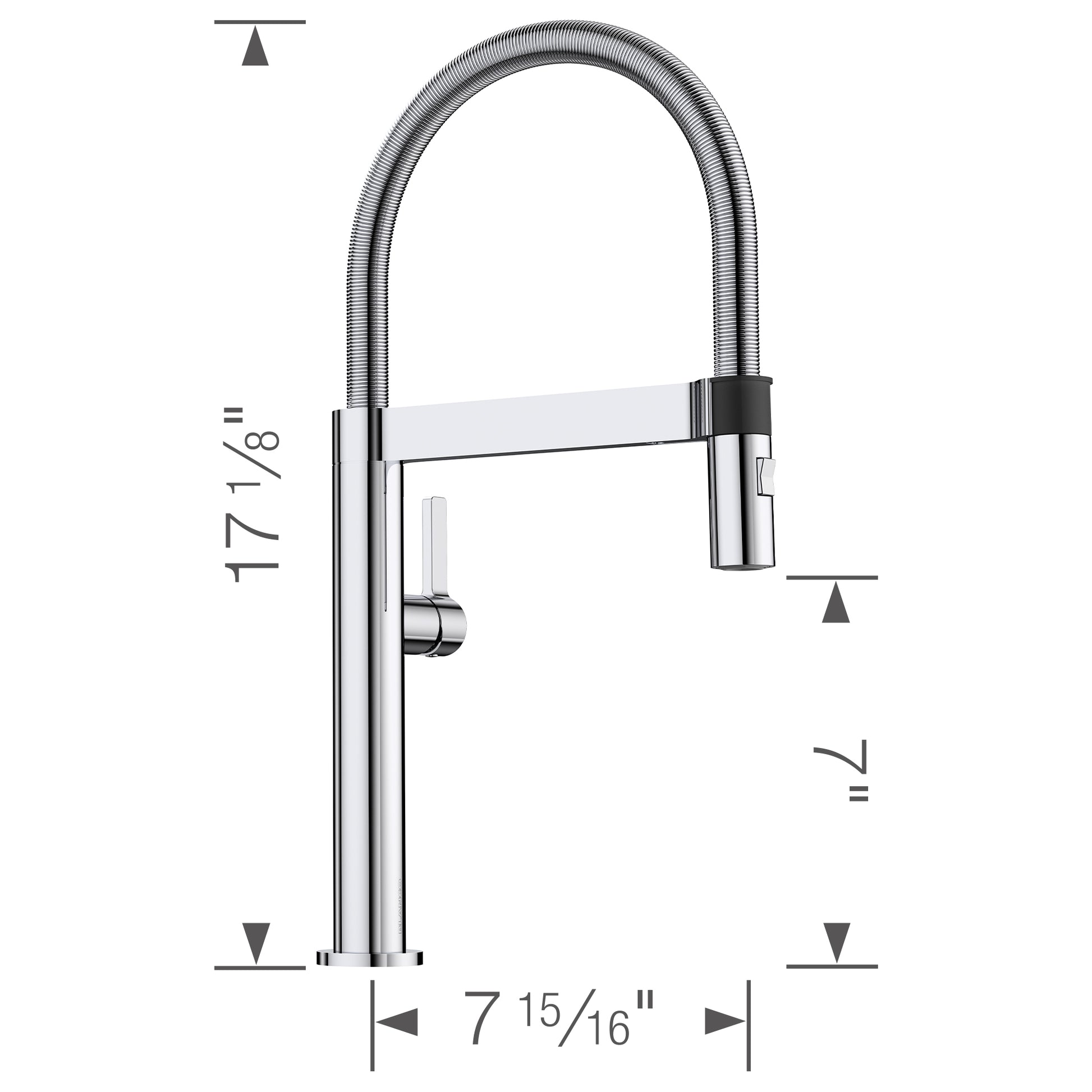 Chrome pull-down kitchen faucet with curved spout, flexible hose, and side lever control, shown with dimensions.