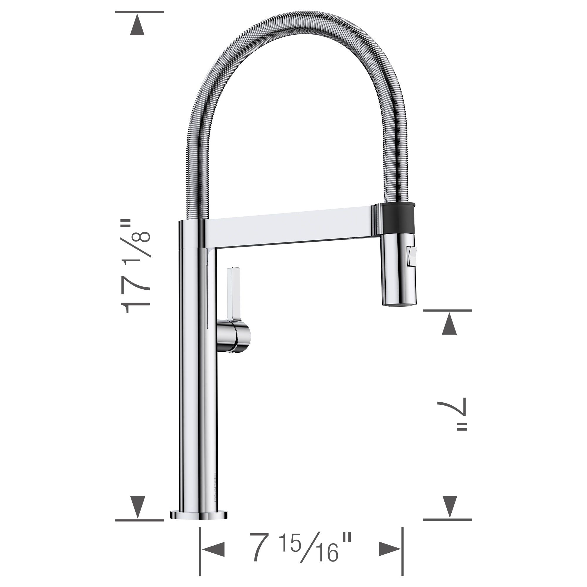Chrome pull-down kitchen faucet with curved spout, flexible hose, and side lever control, shown with dimensions.