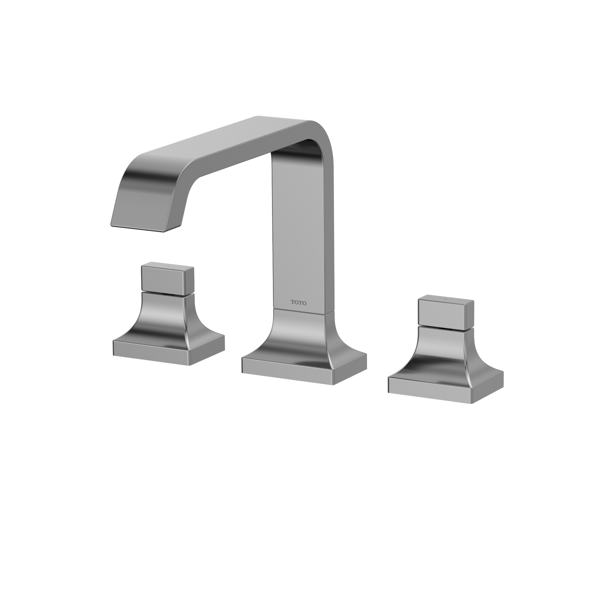 Polished chrome two-handle deck-mount roman tub filler with curved spout and square handles.