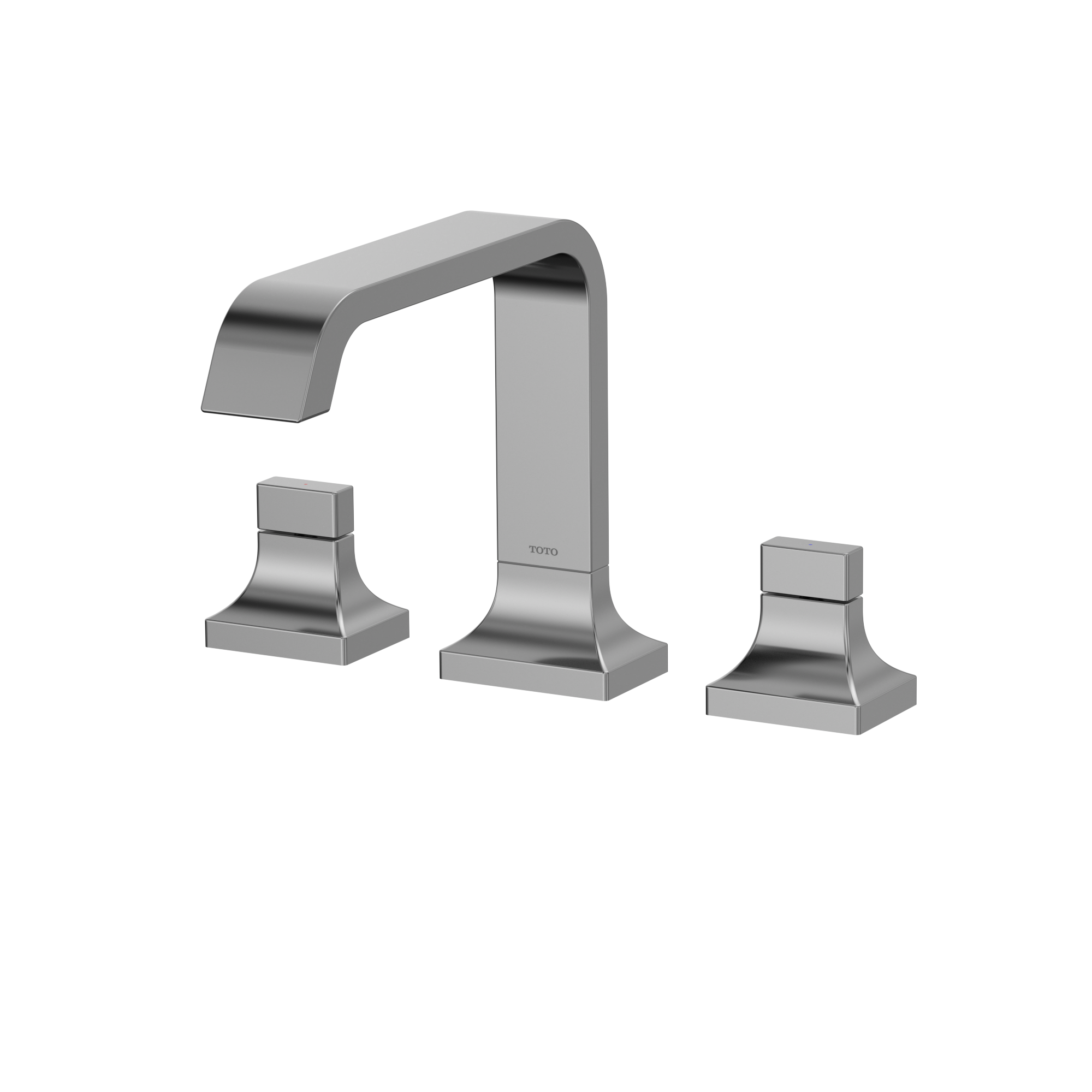 Polished chrome two-handle deck-mount roman tub filler with curved spout and square handles.