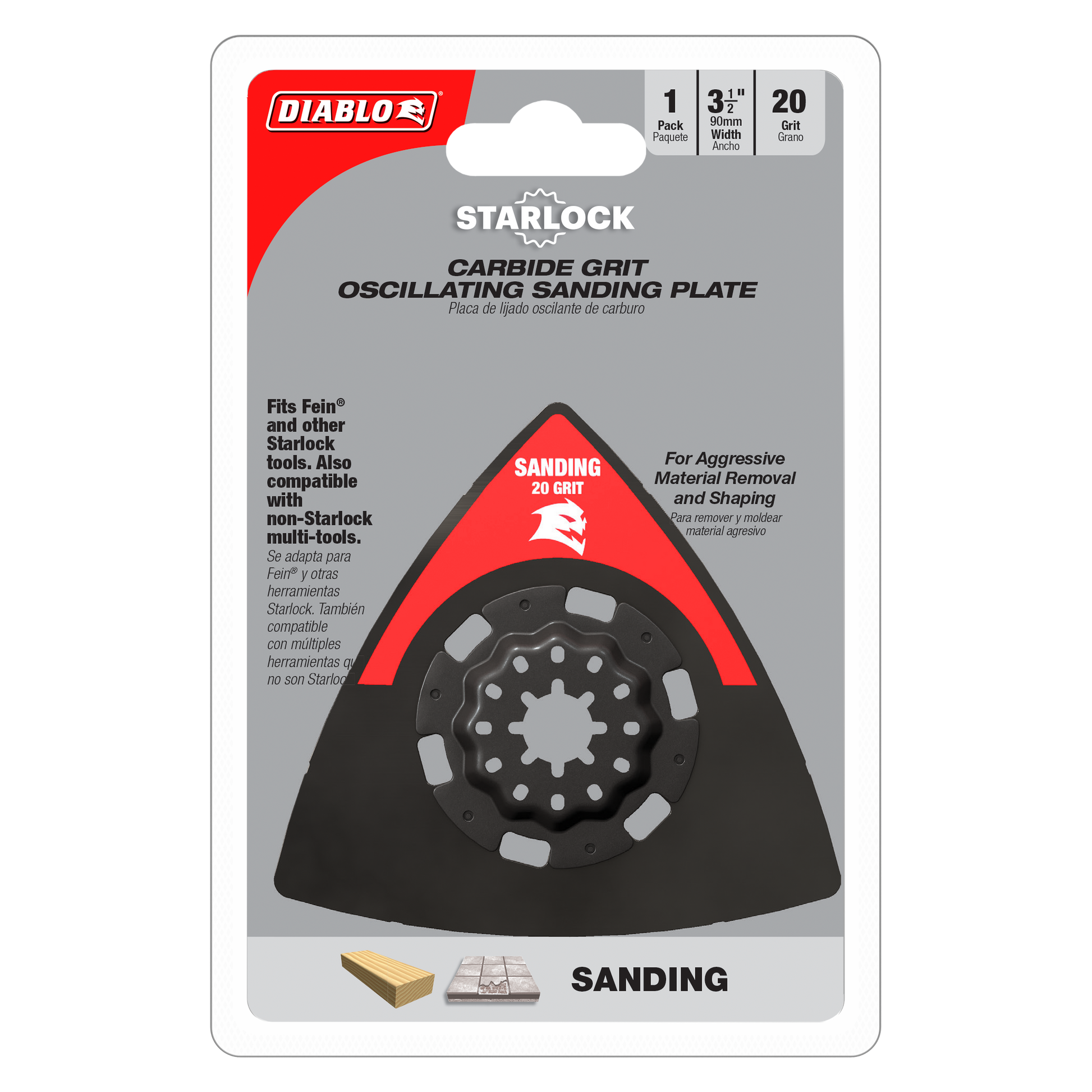Black and red triangular carbide grit sanding plate with Starlock attachment system, 3-1/2 inch width, 20-grit.