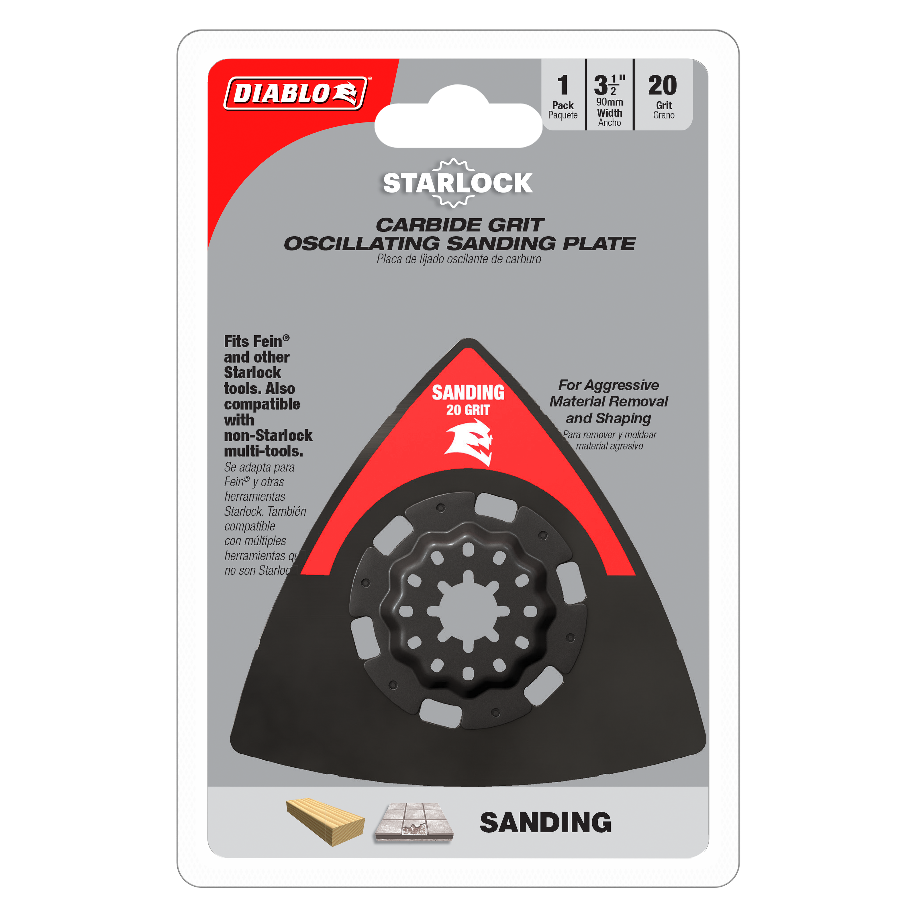 Black and red triangular carbide grit sanding plate with Starlock attachment system, 3-1/2 inch width, 20-grit.