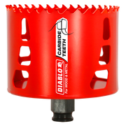Red carbide-tipped holesaw with jagged cutting edge and black shank attachment, labeled Diablo Carbide Teeth for wood and met