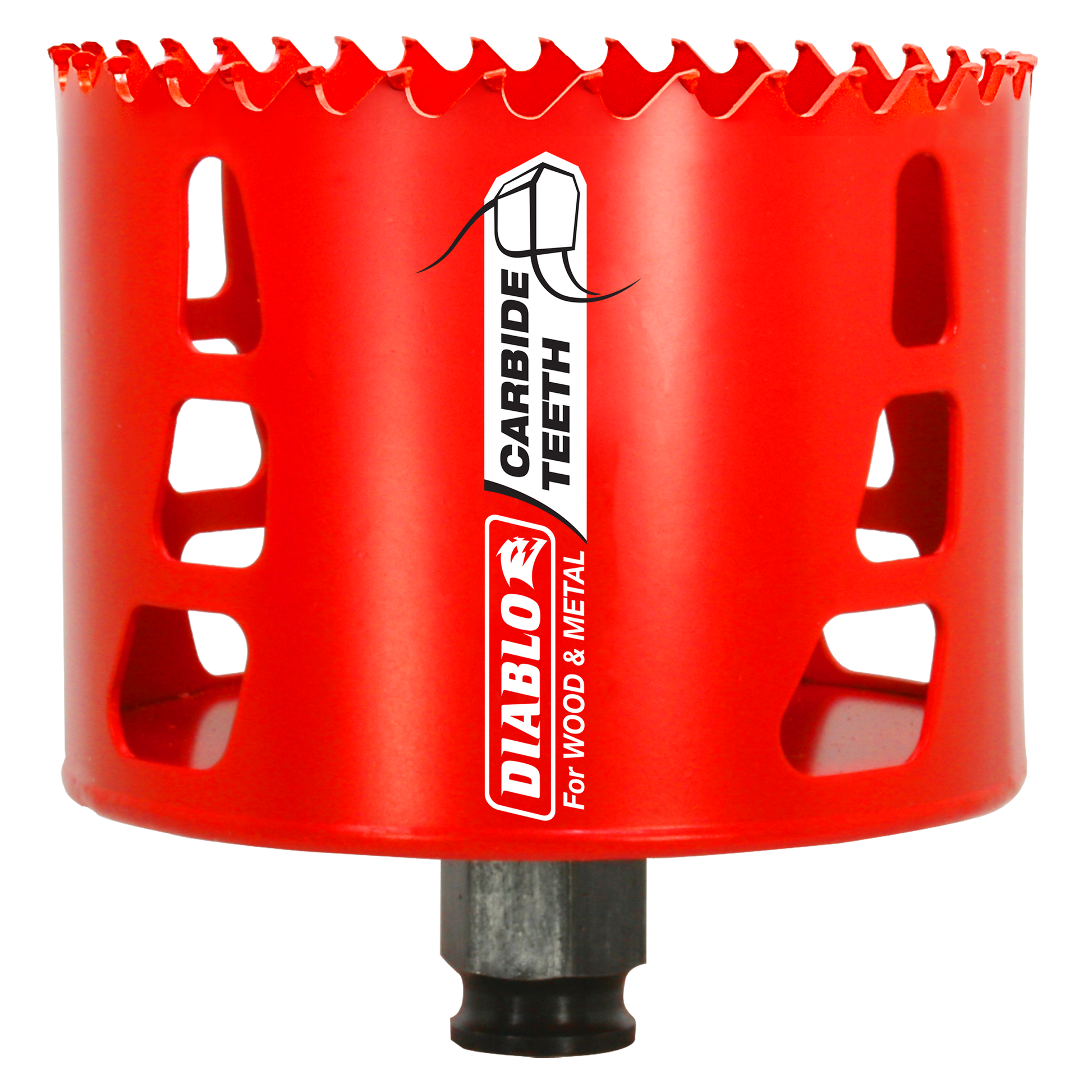 Red carbide-tipped holesaw with jagged cutting edge and black shank attachment, labeled Diablo Carbide Teeth for wood and met