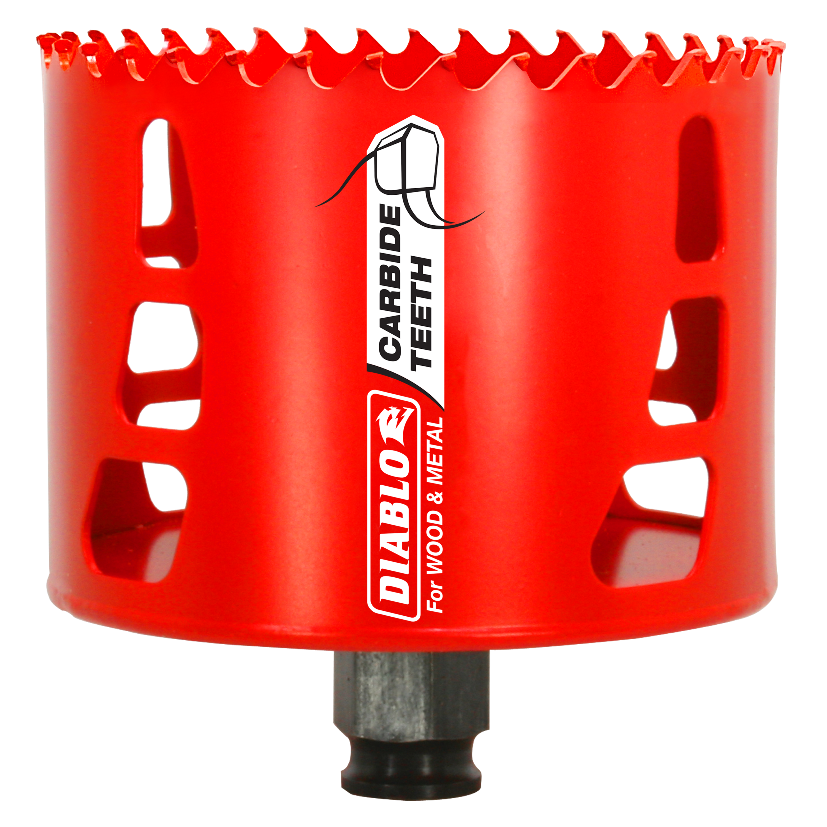 Red carbide-tipped holesaw with jagged cutting edge and black shank attachment, labeled Diablo Carbide Teeth for wood and met