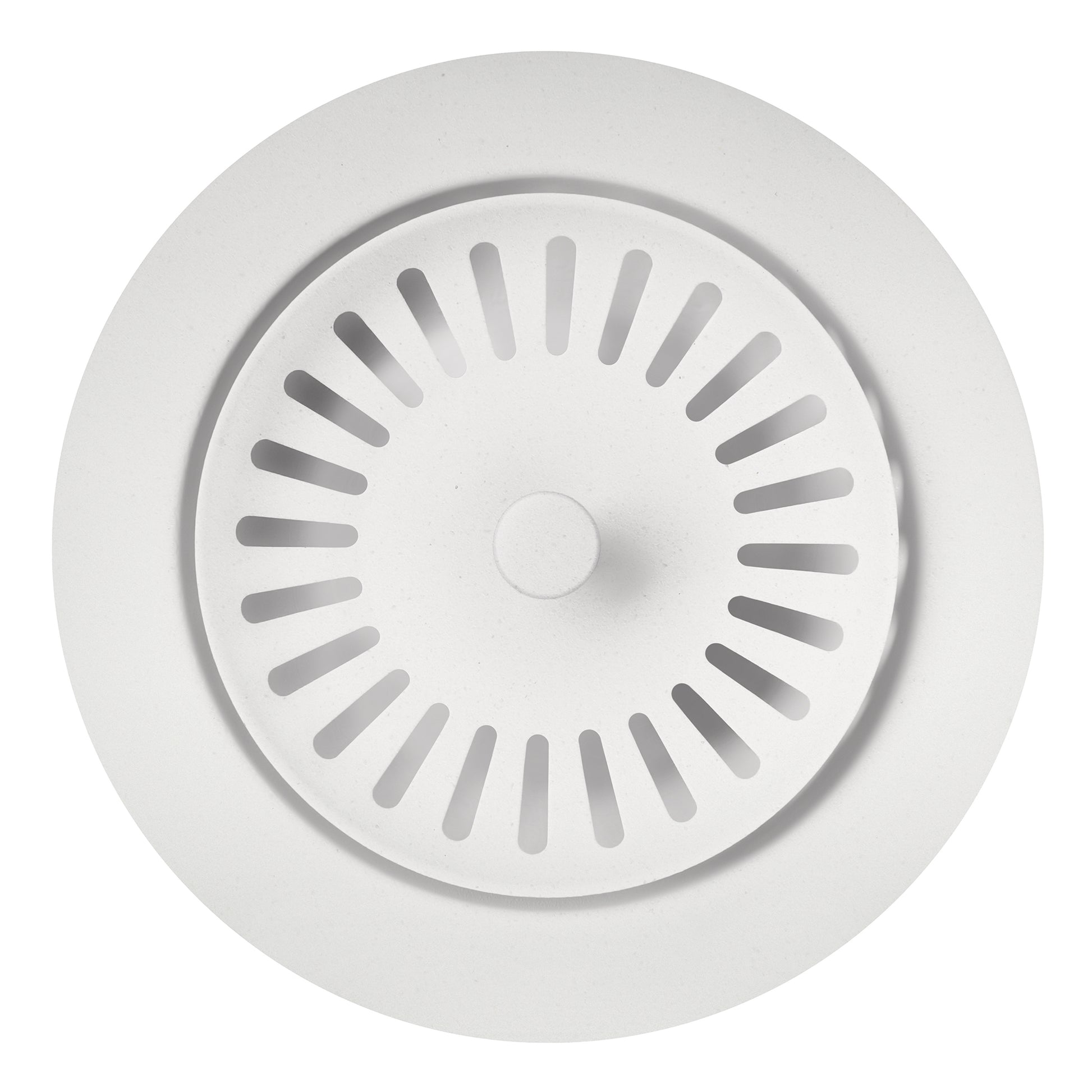 White metal basket strainer with perforated drain slots arranged in a circular pattern around center post.