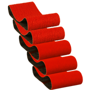 Five red sanding belts with black backing stacked vertically, showing varying grit textures on the surface.