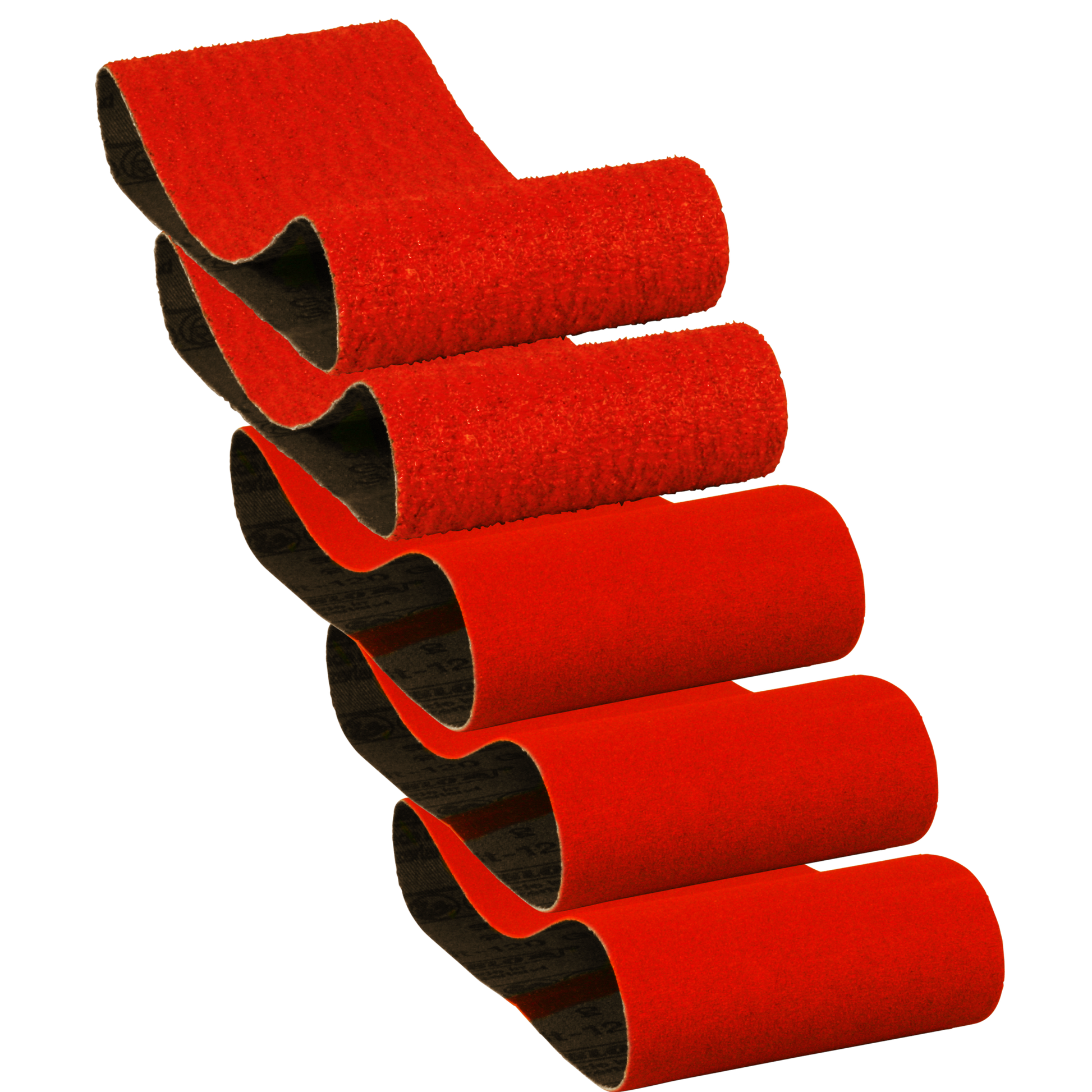 Five red sanding belts with black backing stacked vertically, showing varying grit textures on the surface.