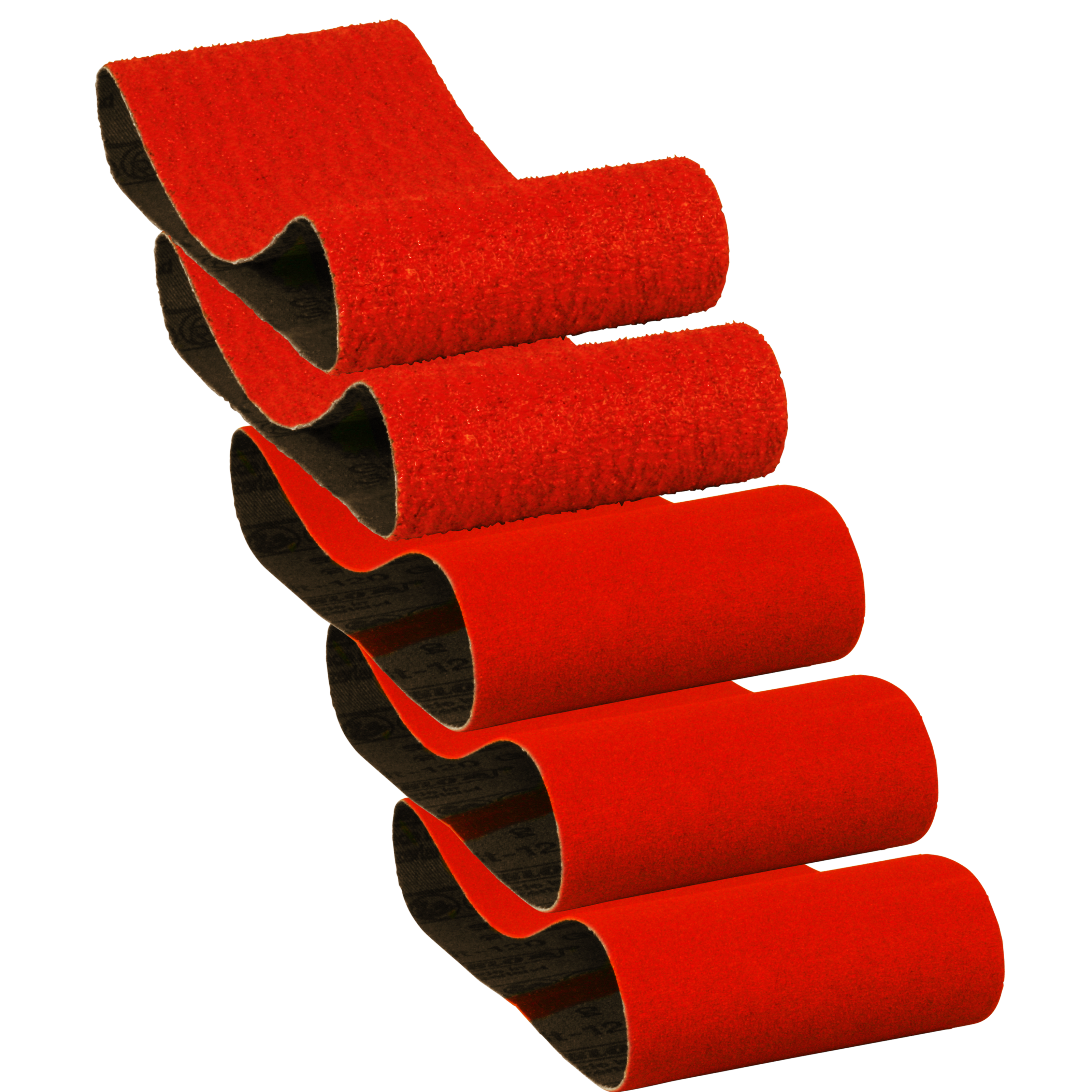 Five red sanding belts with black backing stacked vertically, showing varying grit textures on the surface.
