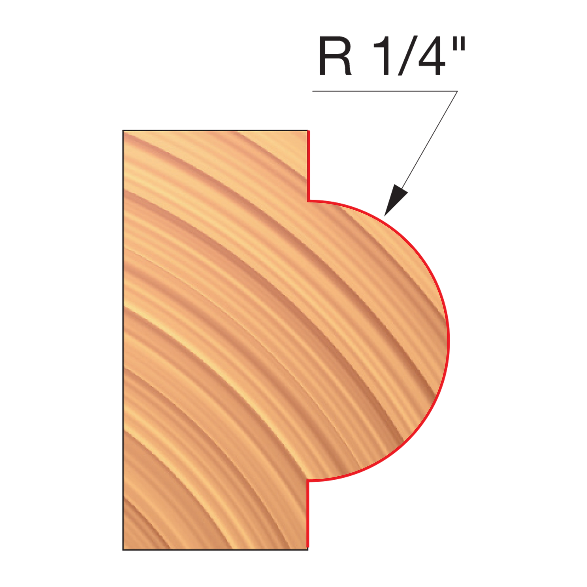 Concave radius wood cutter bit with 1/4" radius profile shown in cross-section on wood sample.