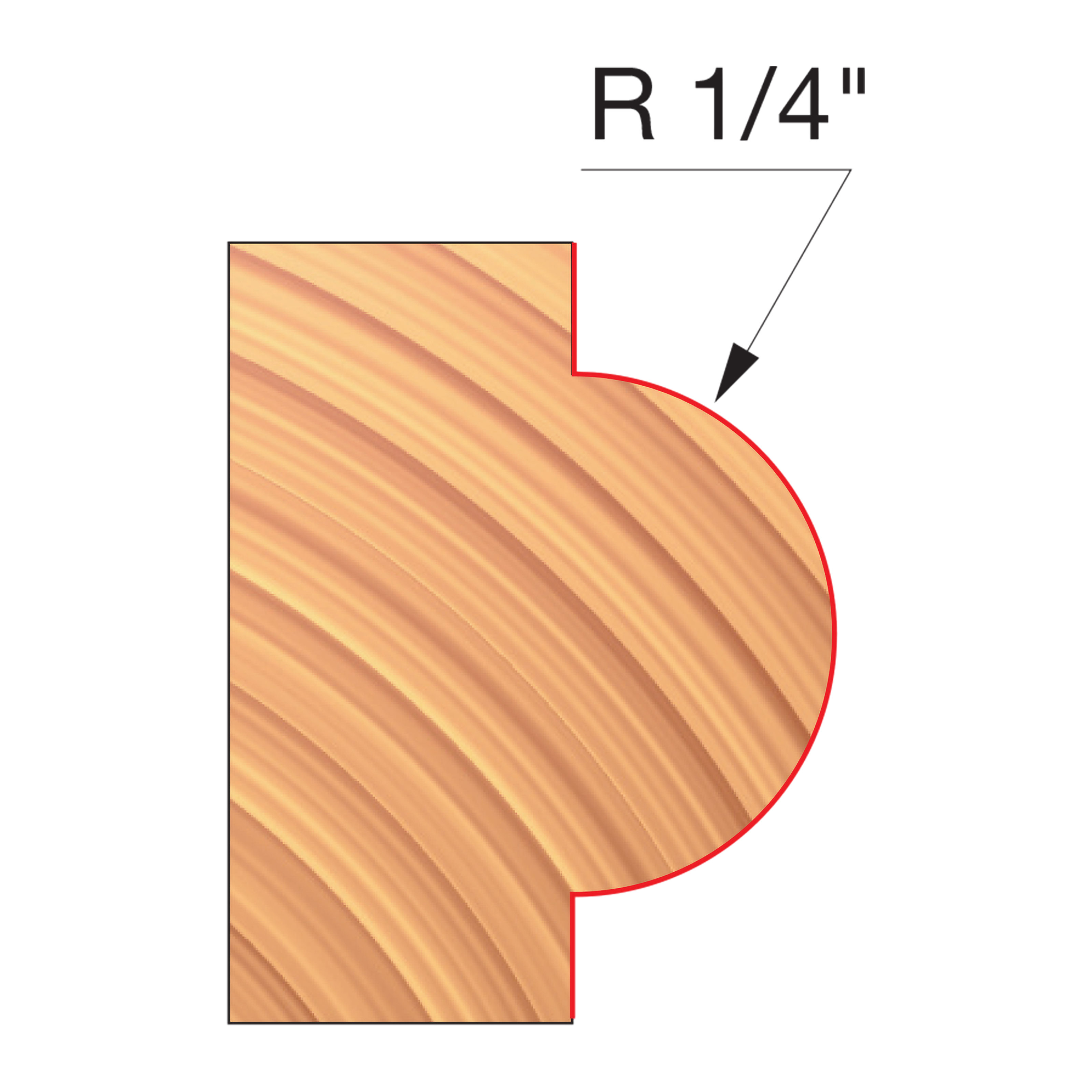 Concave radius wood cutter bit with 1/4" radius profile shown in cross-section on wood sample.