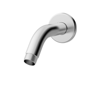 Polished chrome curved shower arm with circular wall flange and threaded outlet connection.