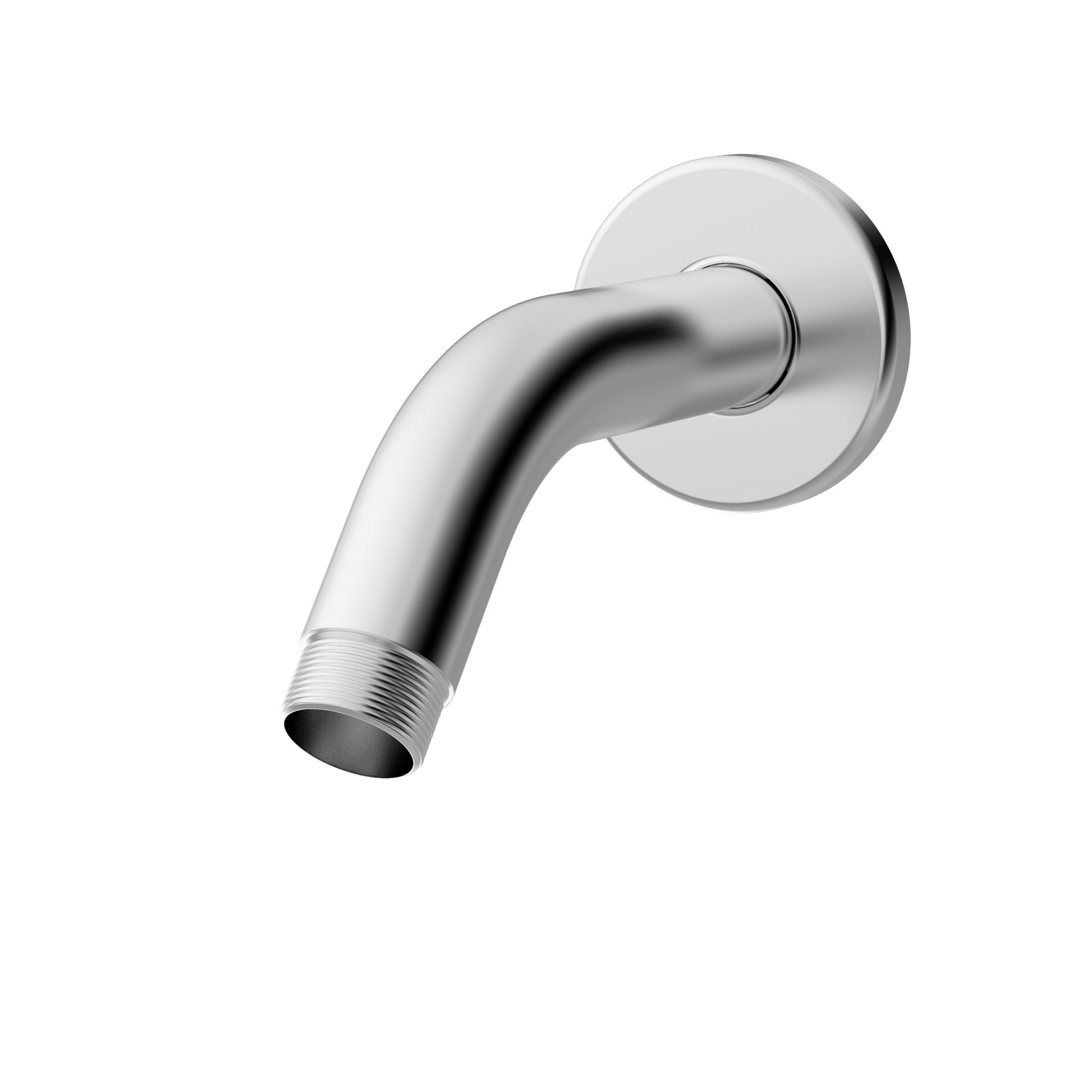 Polished chrome curved shower arm with circular wall flange and threaded outlet connection.