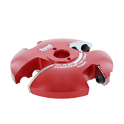 Red and white Freud router cutter head with two cutting blades and adjustment screws on sides.