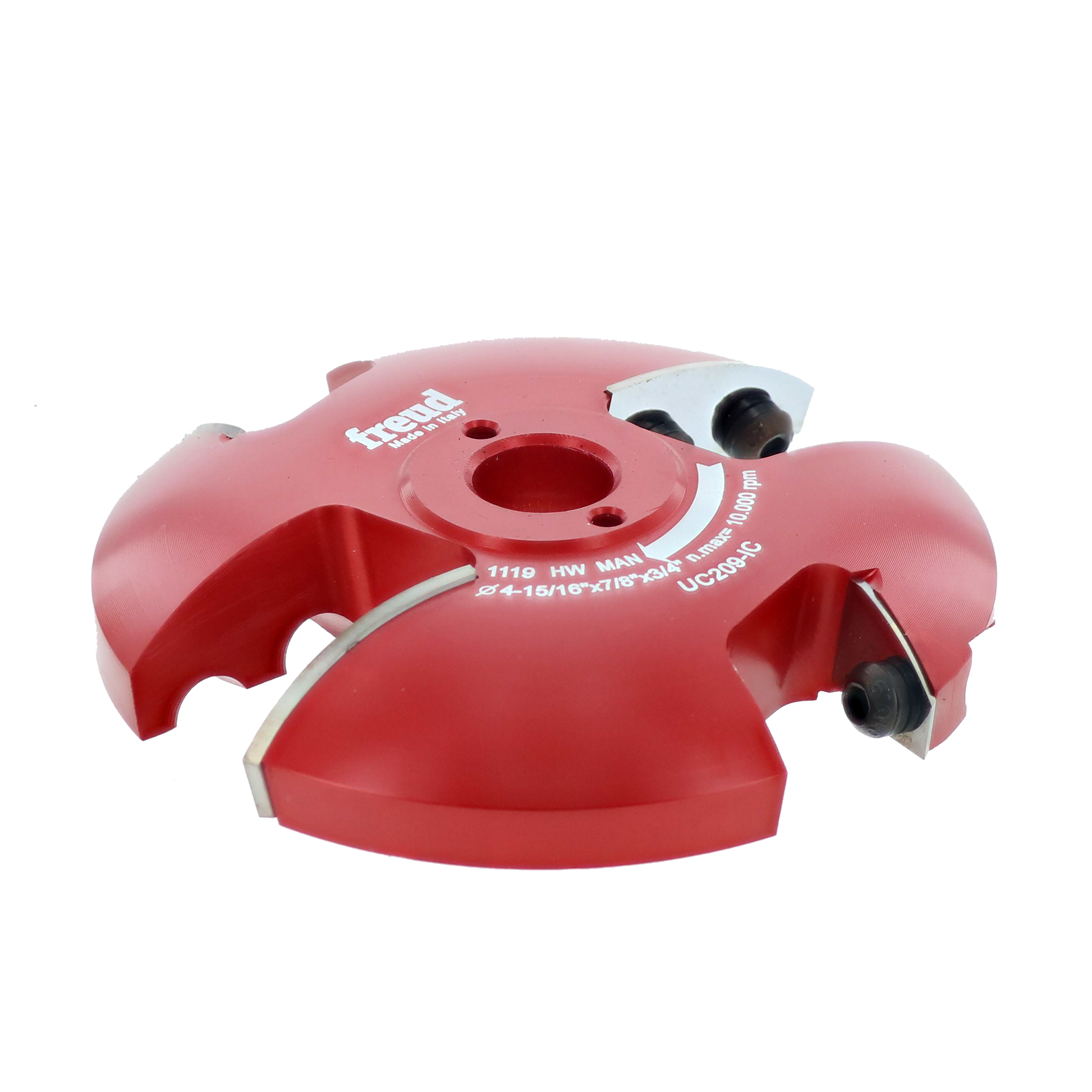 Red and white Freud router cutter head with two cutting blades and adjustment screws on sides.