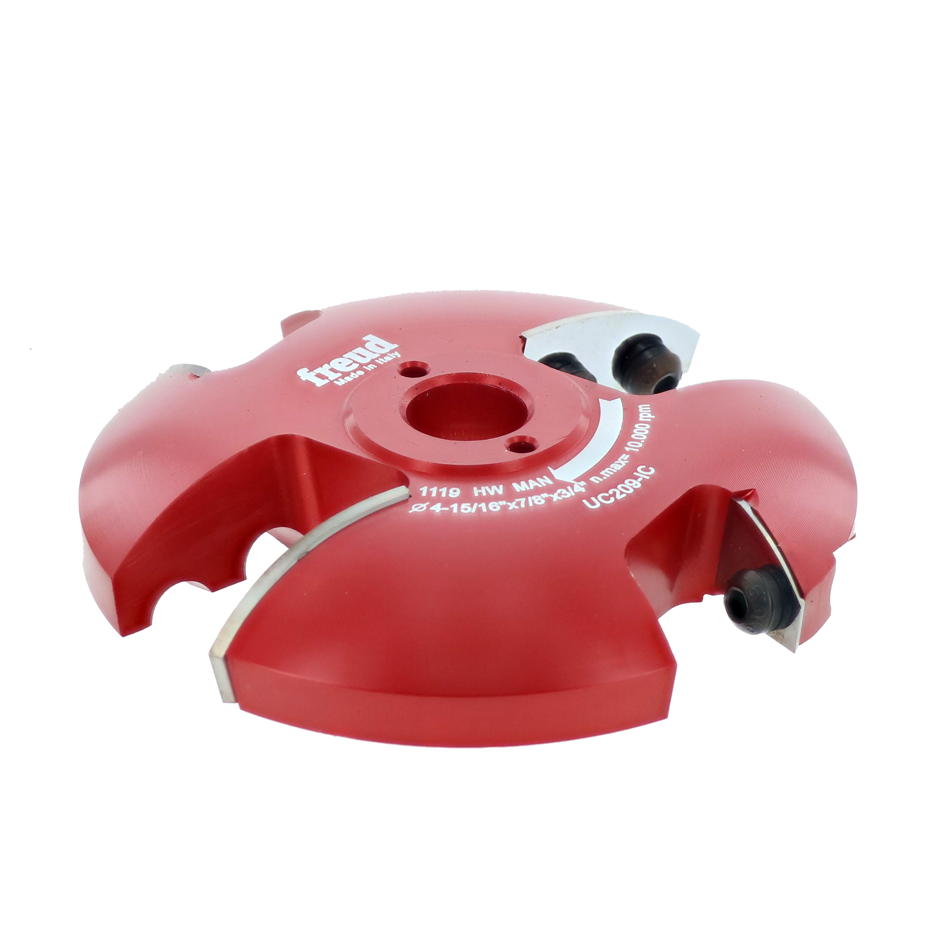 Red and white Freud router cutter head with two cutting blades and adjustment screws on sides.