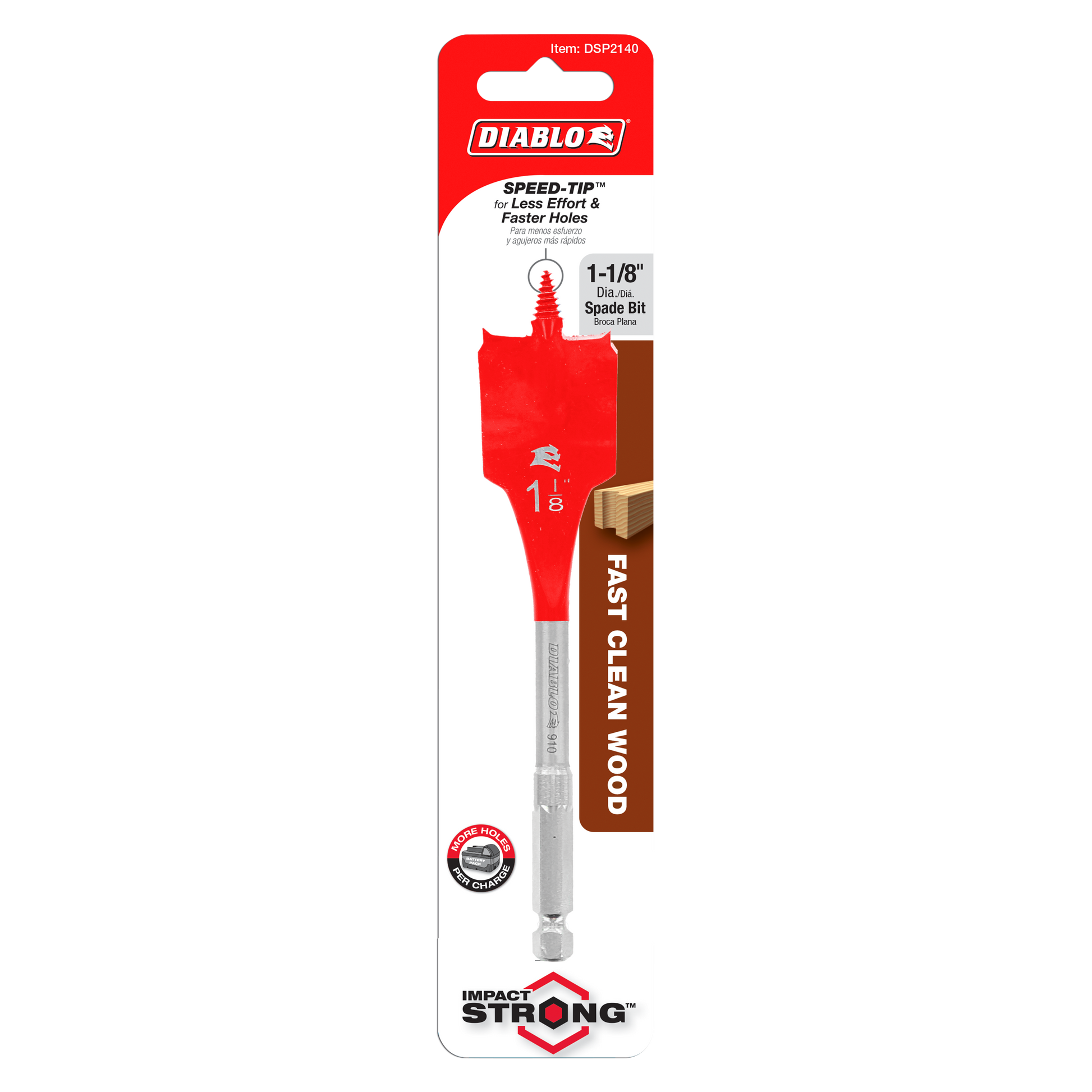 Diablo DSP2140 spade bit with 1-1/8 inch diameter, red flattened head and gray shaft on retail packaging.
