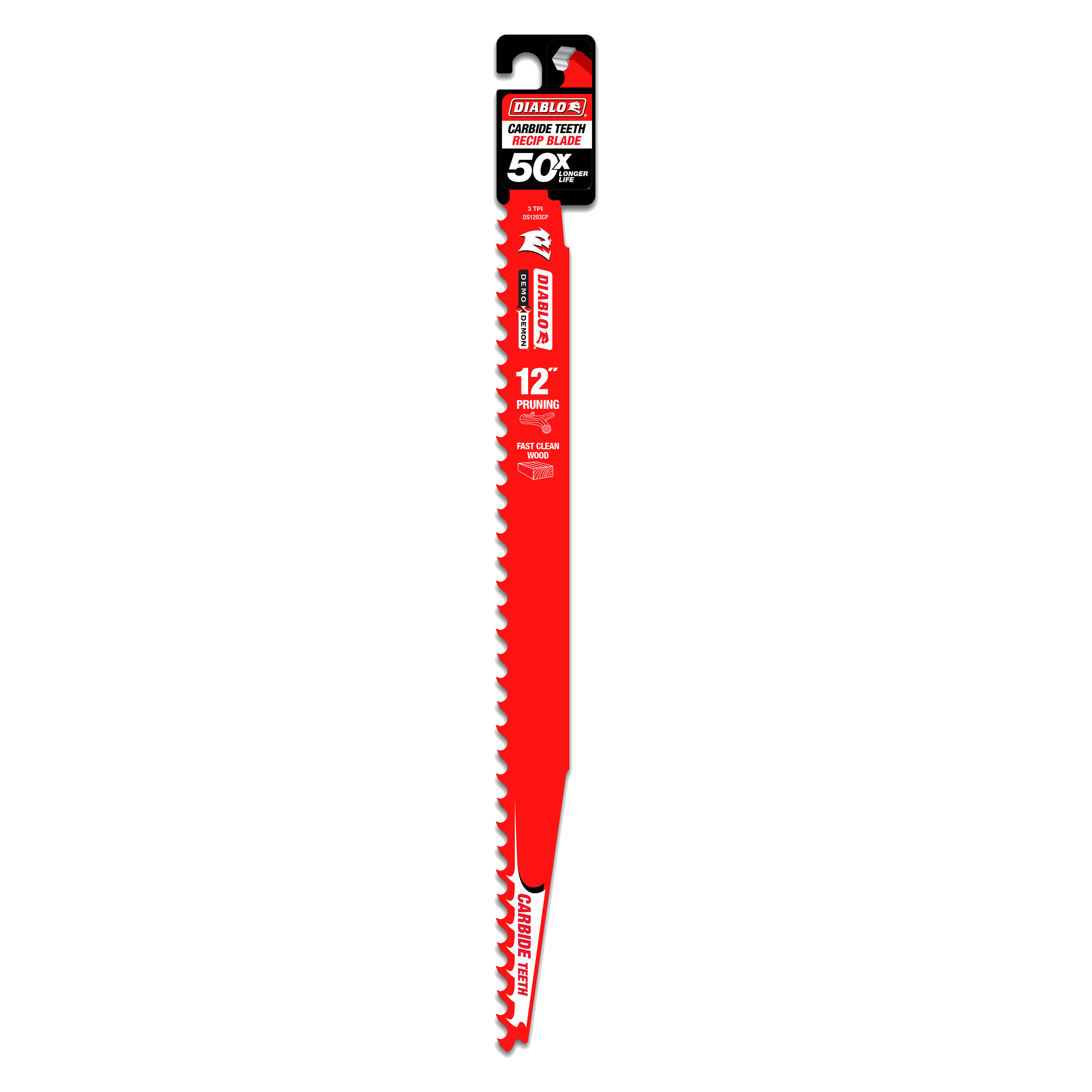 Red Diablo 12-inch carbide tipped pruning and clean wood saw blade with packaging label at top.