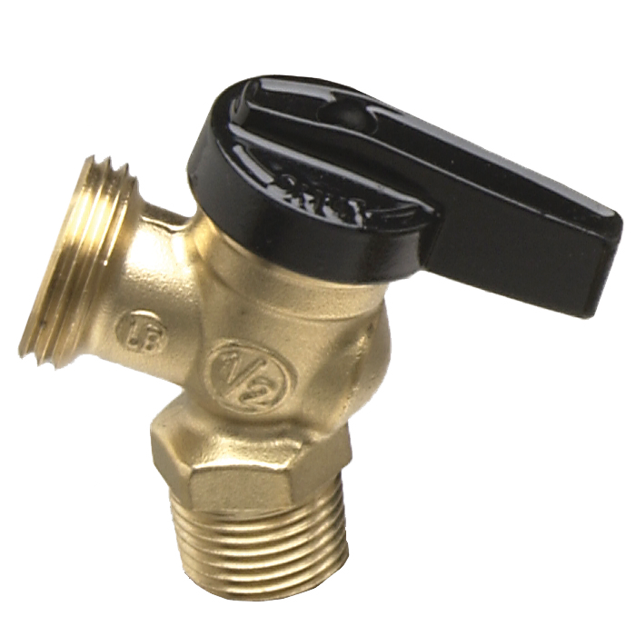 Brass boiler drain valve with male threaded connection and black lever handle.