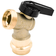 Brass boiler drain valve with 1/2" press connection and black lever handle.
