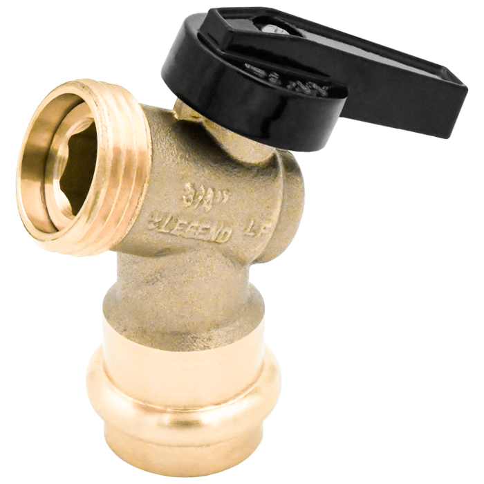 Brass boiler drain valve with 3/4" press connection and black lever handle.