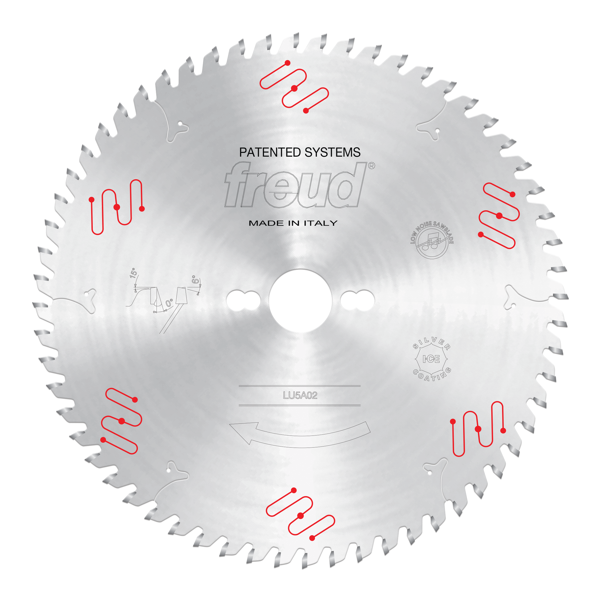 Freud LU5A02 250mm circular saw blade with carbide teeth and mechanical clamping system, made in Italy.