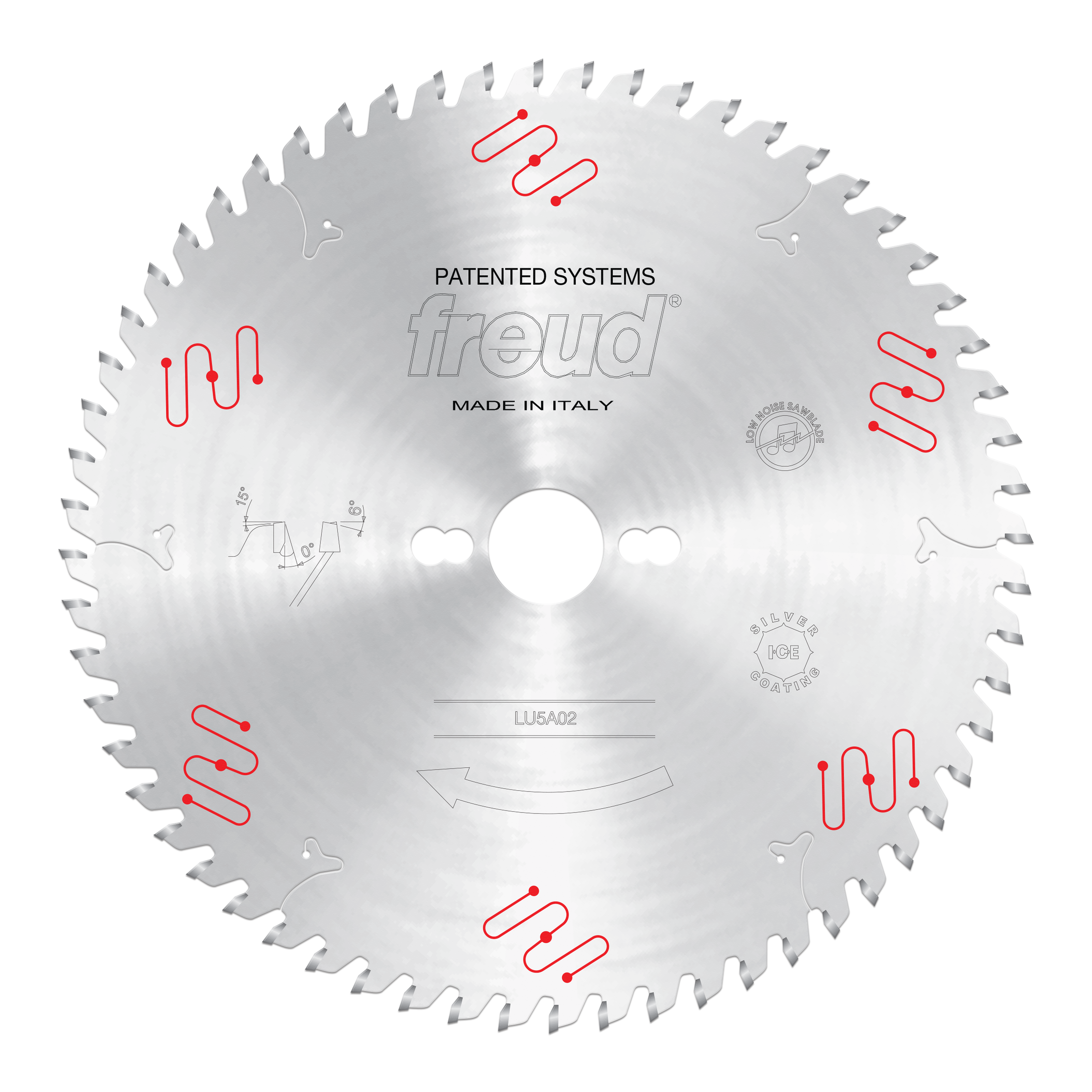 Freud LU5A02 250mm circular saw blade with carbide teeth and mechanical clamping system, made in Italy.
