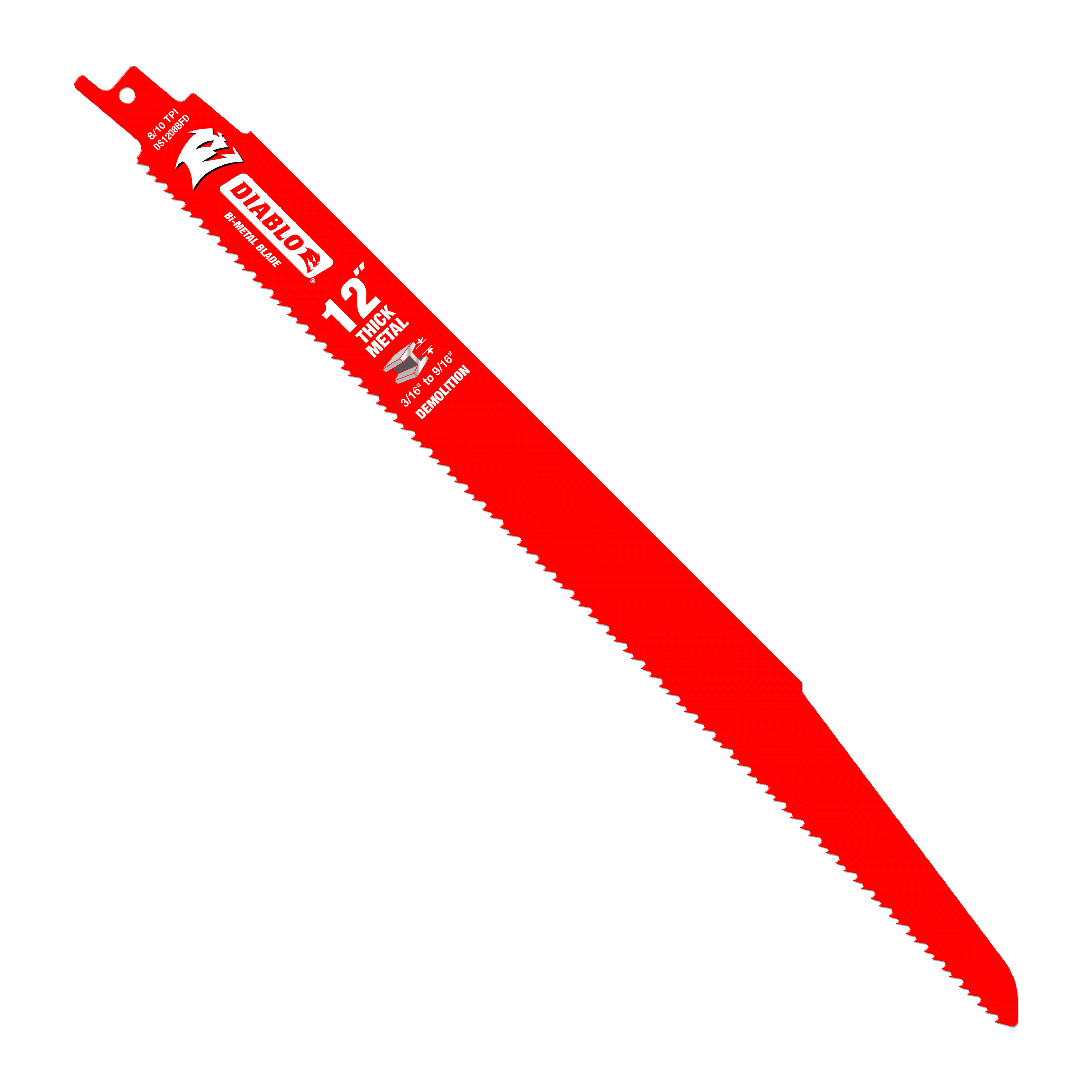 Red bi-metal reciprocating saw blade with serrated cutting edge and mounting hole at top.