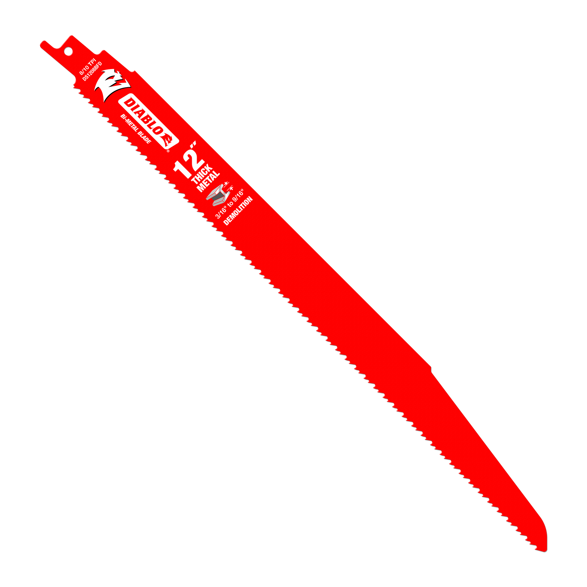 Red bi-metal reciprocating saw blade with serrated cutting edge and mounting hole at top.