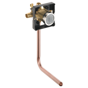 Brass and black pressure balance rough-in valve with copper supply line and chrome trim ring.