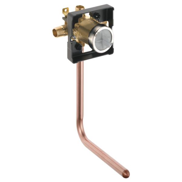 Brass and black pressure balance rough-in valve with copper supply line and chrome trim ring.
