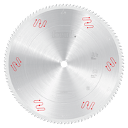 Freud 18-inch circular saw blade with silver coating and fine teeth for aluminum cutting.