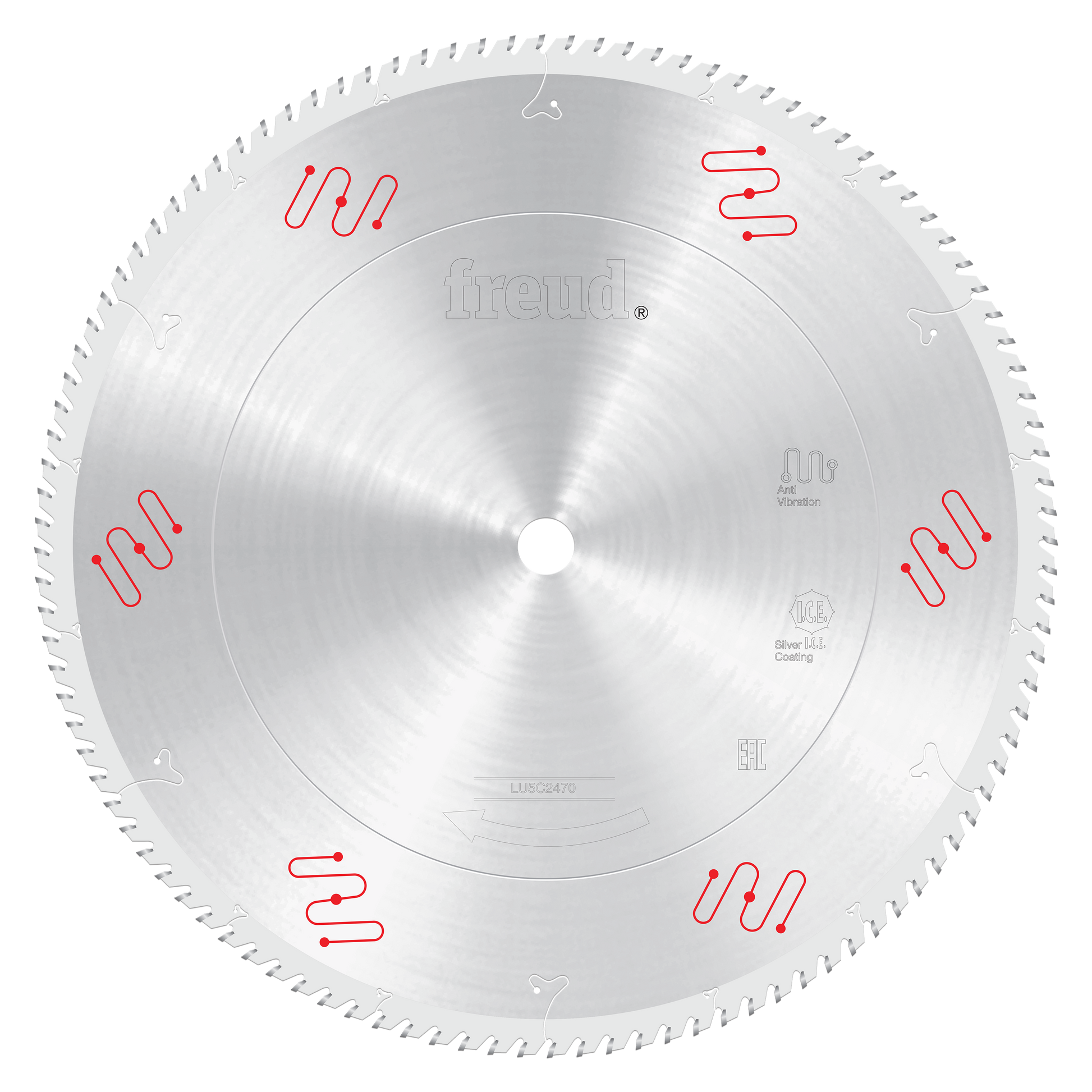 Freud 18-inch circular saw blade with silver coating and fine teeth for aluminum cutting.