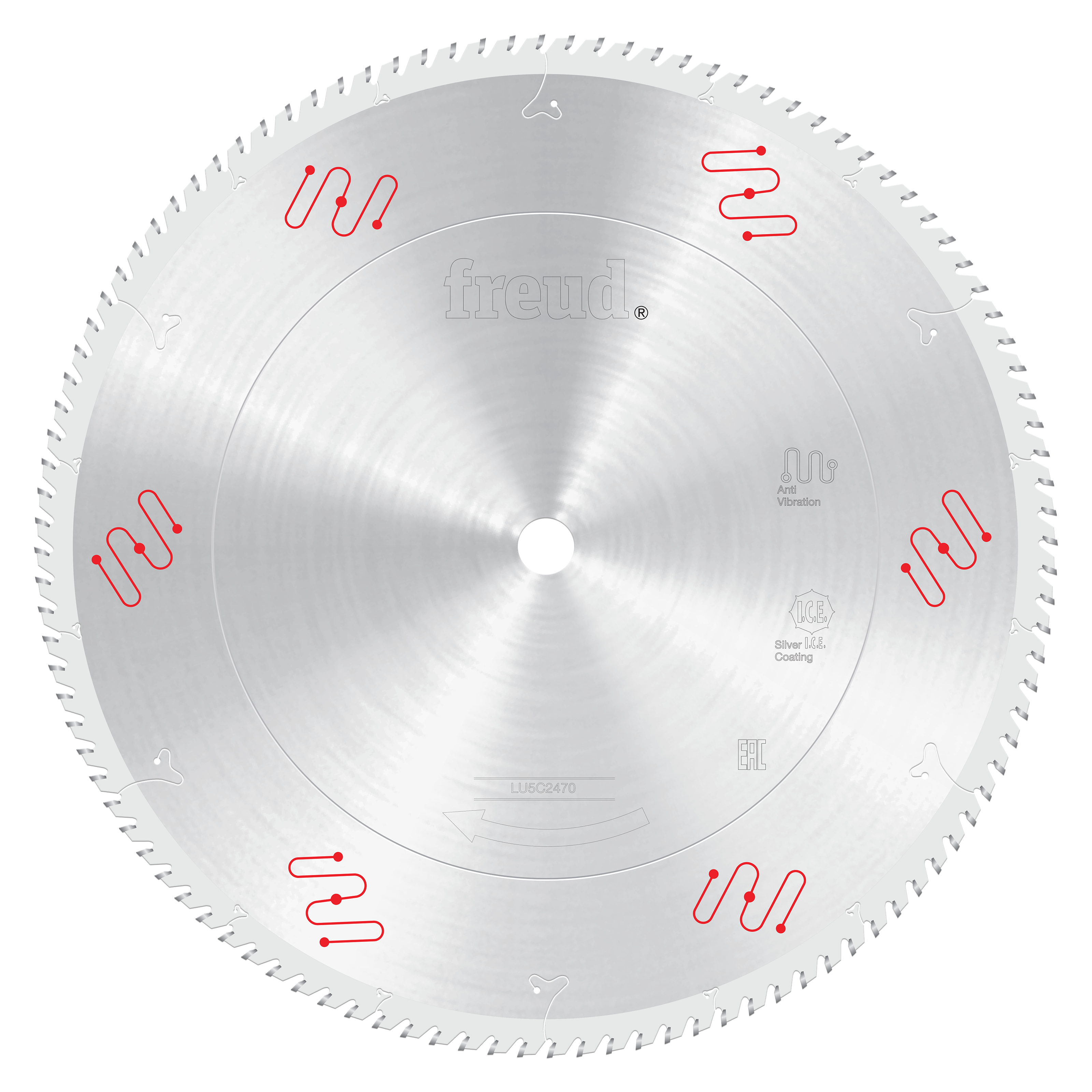 Freud 18-inch circular saw blade with silver coating and fine teeth for aluminum cutting.